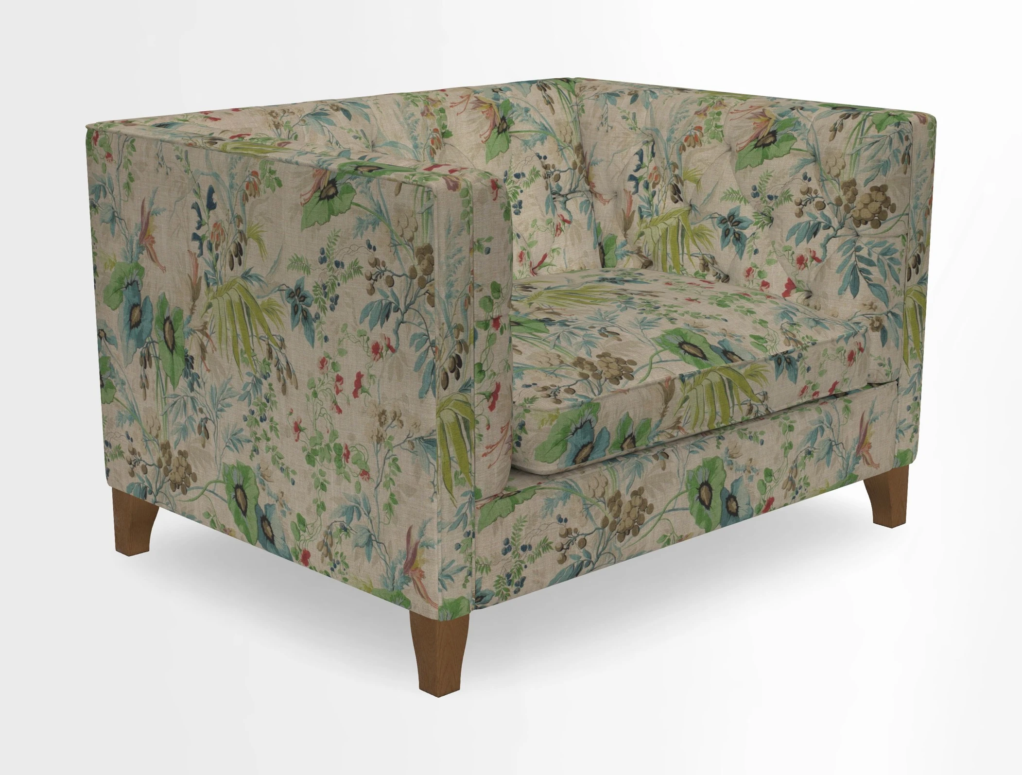 Haresfield Snuggler Dipped Arms in Mohair Lichen Seat Cushion in RHS Gertrude Jekyll Meadow Flower Olive and Scatters in RHS Gertrude Jekyll Folklore Olive