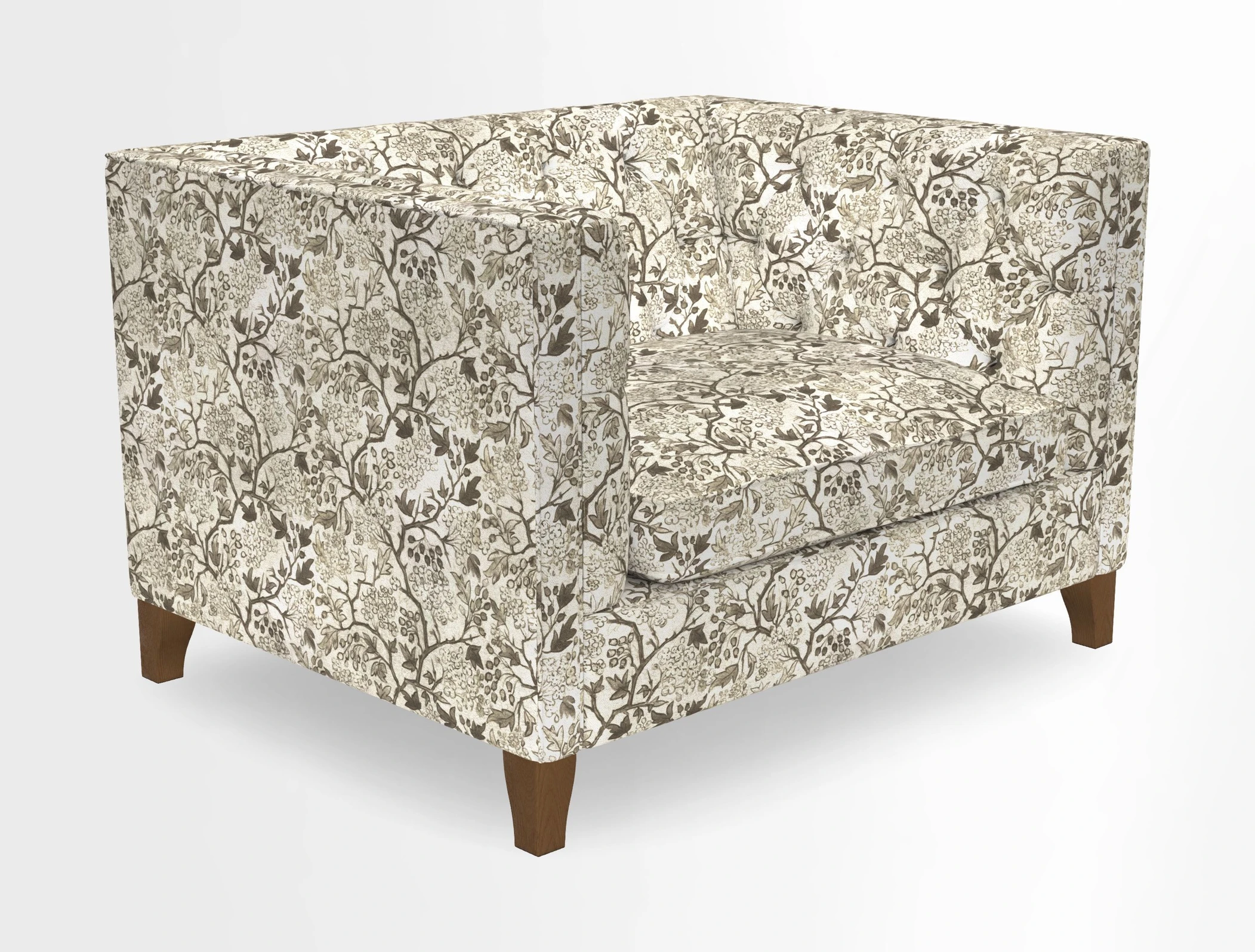 Haresfield Snuggler Dipped Arms in Mohair Lichen Seat Cushion in RHS Gertrude Jekyll Meadow Flower Olive and Scatters in RHS Gertrude Jekyll Folklore Olive