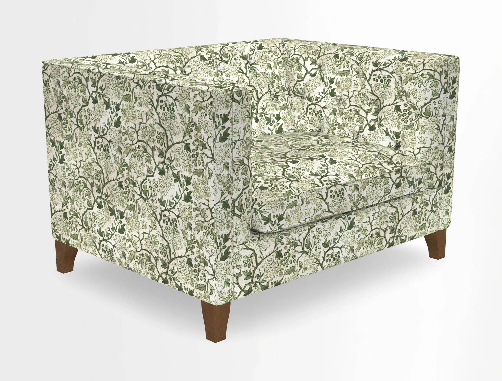 Haresfield Snuggler Dipped Arms in Mohair Lichen Seat Cushion in RHS Gertrude Jekyll Meadow Flower Olive and Scatters in RHS Gertrude Jekyll Folklore Olive