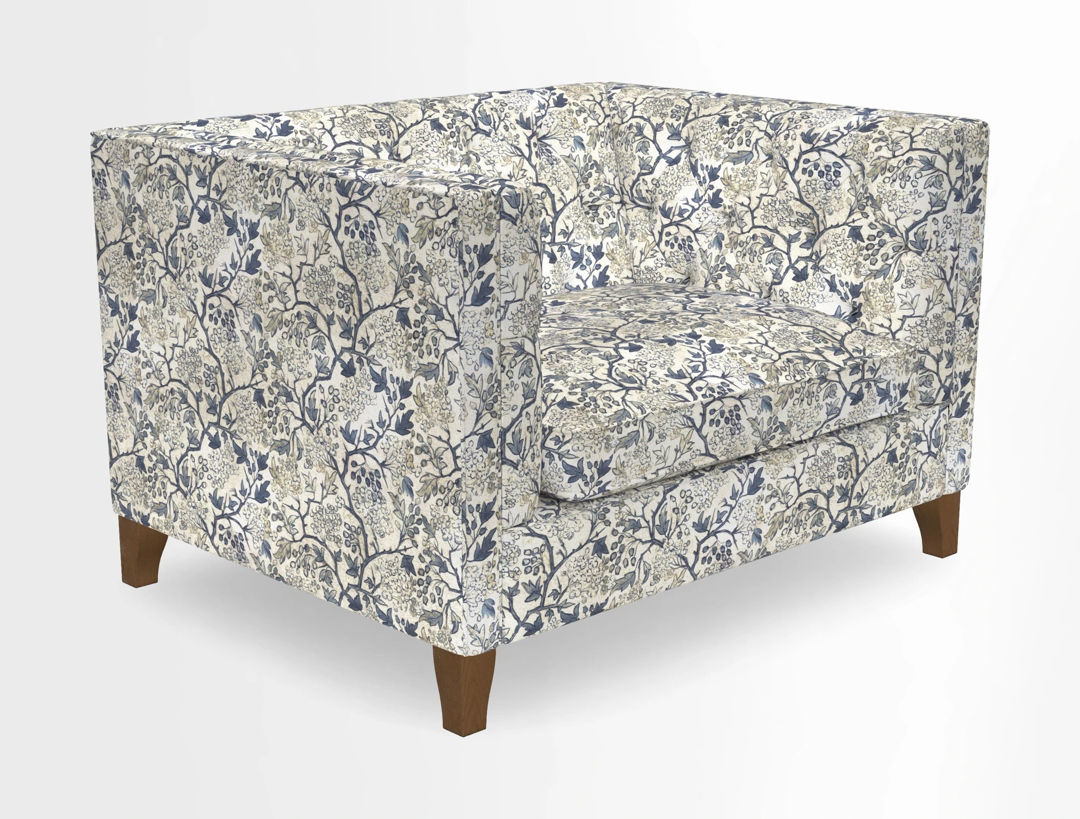 Haresfield Snuggler Dipped Arms in Mohair Lichen Seat Cushion in RHS Gertrude Jekyll Meadow Flower Olive and Scatters in RHS Gertrude Jekyll Folklore Olive