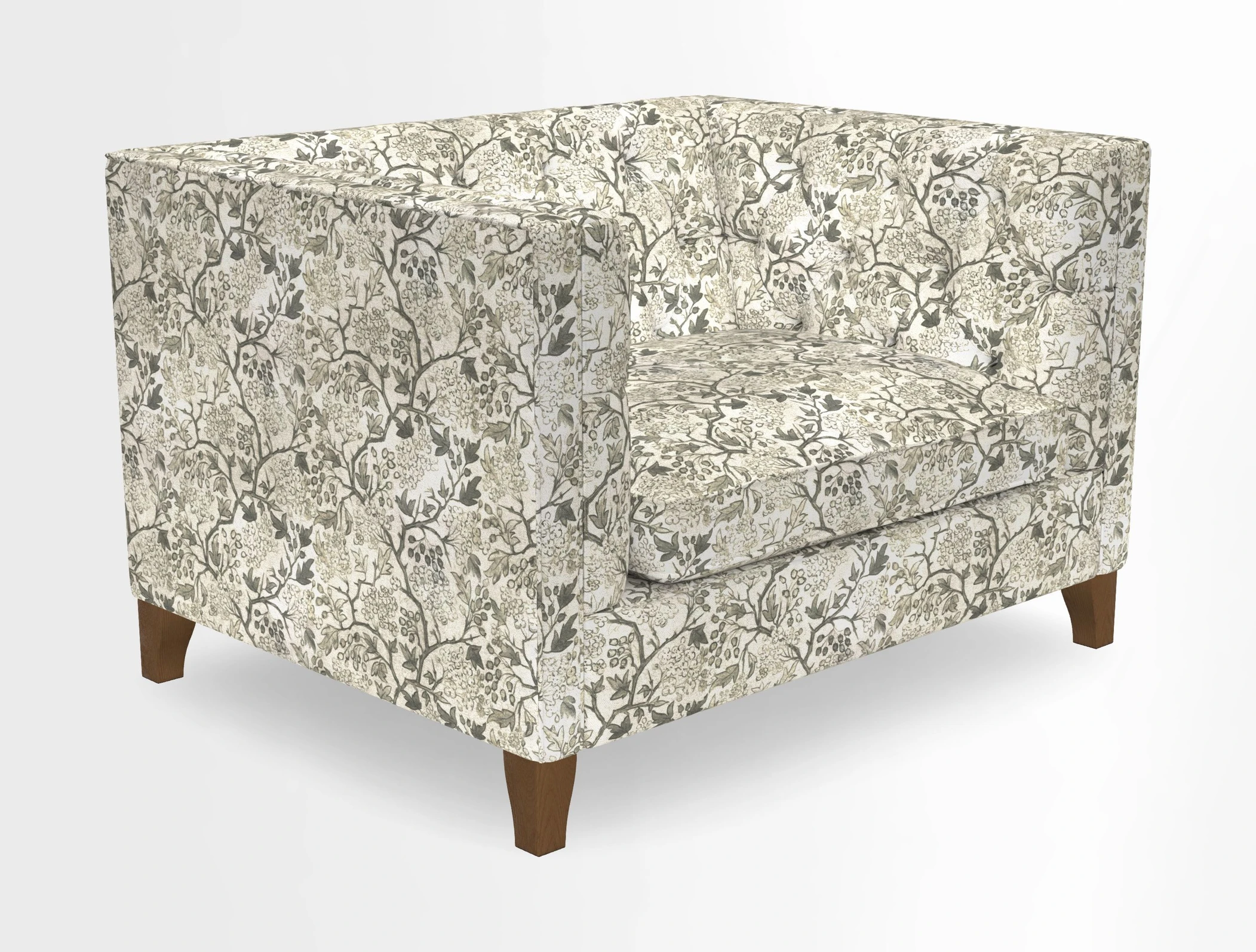 Haresfield Snuggler Dipped Arms in Mohair Lichen Seat Cushion in RHS Gertrude Jekyll Meadow Flower Olive and Scatters in RHS Gertrude Jekyll Folklore Olive