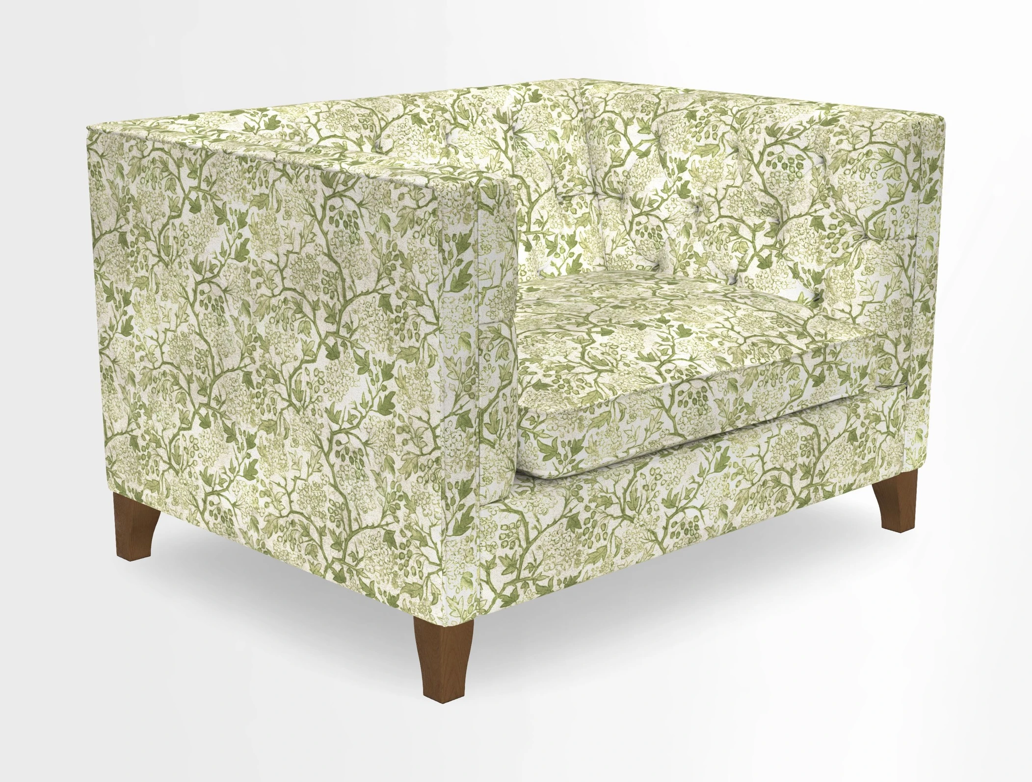 Haresfield Snuggler Dipped Arms in Mohair Lichen Seat Cushion in RHS Gertrude Jekyll Meadow Flower Olive and Scatters in RHS Gertrude Jekyll Folklore Olive