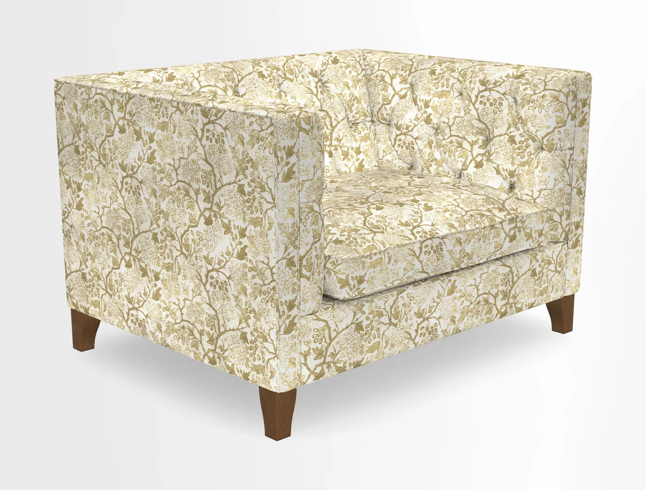 Haresfield Snuggler Dipped Arms in Mohair Lichen Seat Cushion in RHS Gertrude Jekyll Meadow Flower Olive and Scatters in RHS Gertrude Jekyll Folklore Olive