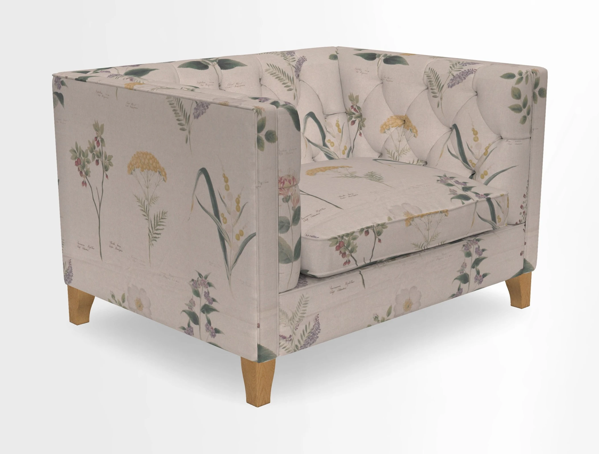 Haresfield Snuggler Dipped Arms in Mohair Lichen Seat Cushion in RHS Gertrude Jekyll Meadow Flower Olive and Scatters in RHS Gertrude Jekyll Folklore Olive
