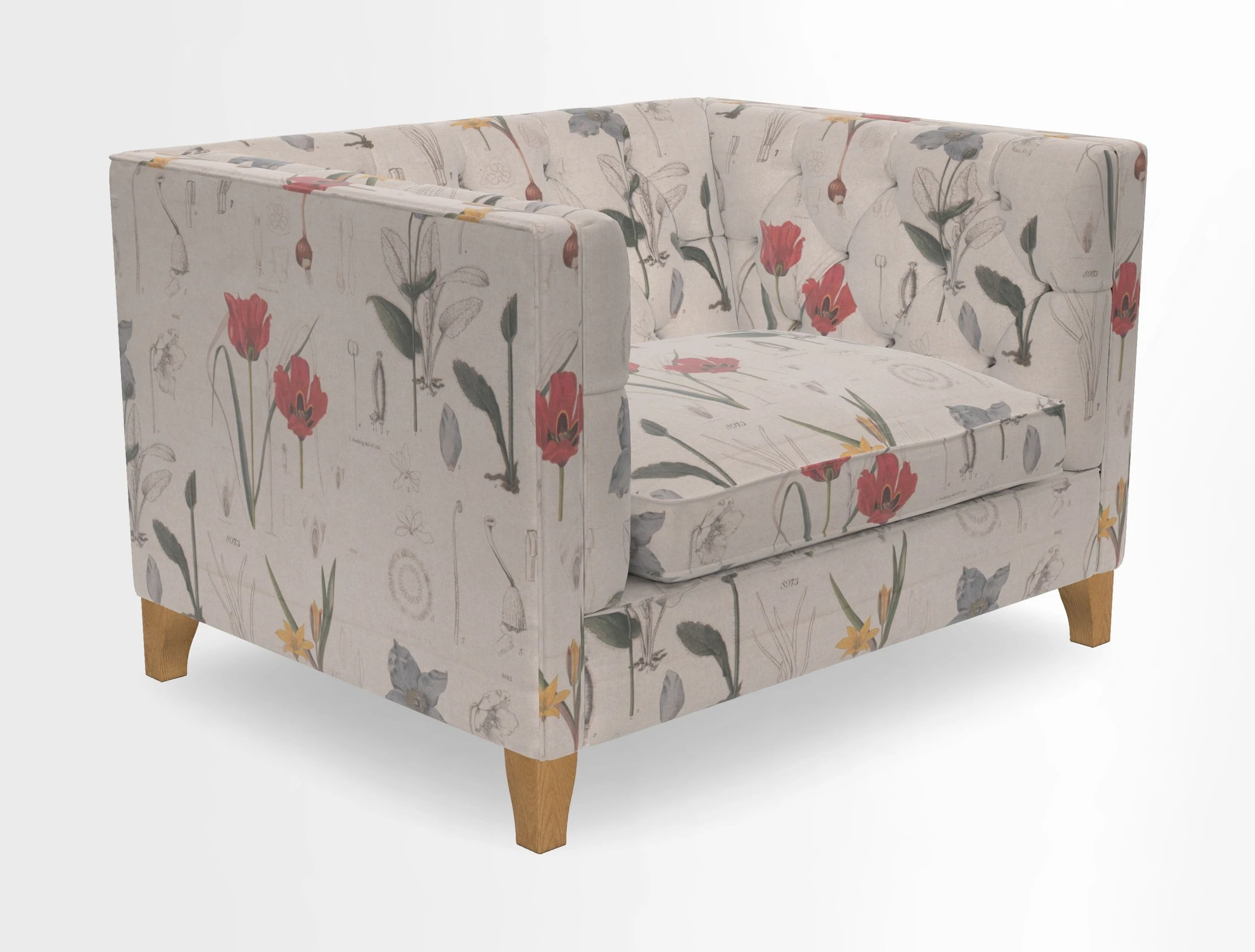 Haresfield Snuggler Dipped Arms in Mohair Lichen Seat Cushion in RHS Gertrude Jekyll Meadow Flower Olive and Scatters in RHS Gertrude Jekyll Folklore Olive