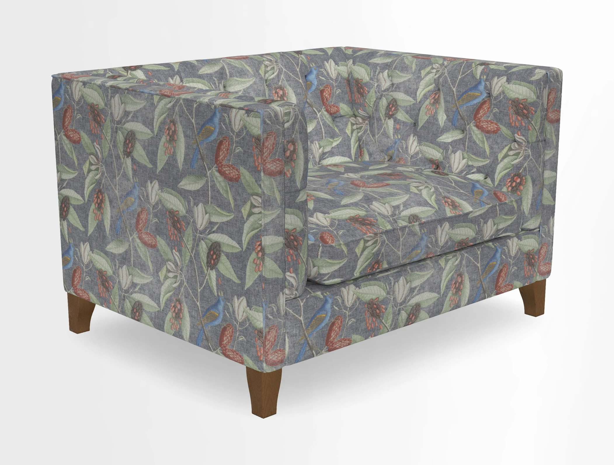 Haresfield Snuggler Dipped Arms in Mohair Lichen Seat Cushion in RHS Gertrude Jekyll Meadow Flower Olive and Scatters in RHS Gertrude Jekyll Folklore Olive
