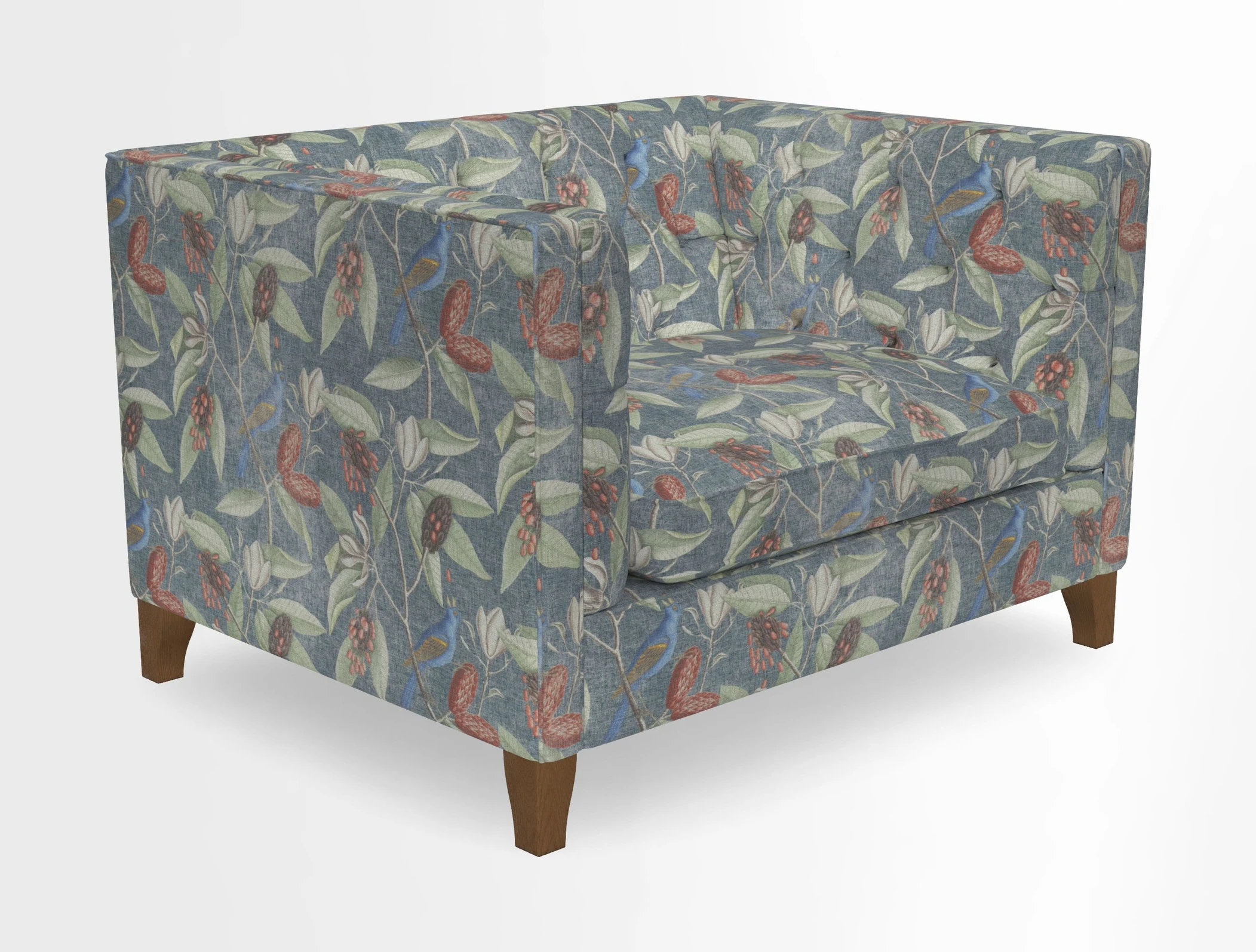 Haresfield Snuggler Dipped Arms in Mohair Lichen Seat Cushion in RHS Gertrude Jekyll Meadow Flower Olive and Scatters in RHS Gertrude Jekyll Folklore Olive