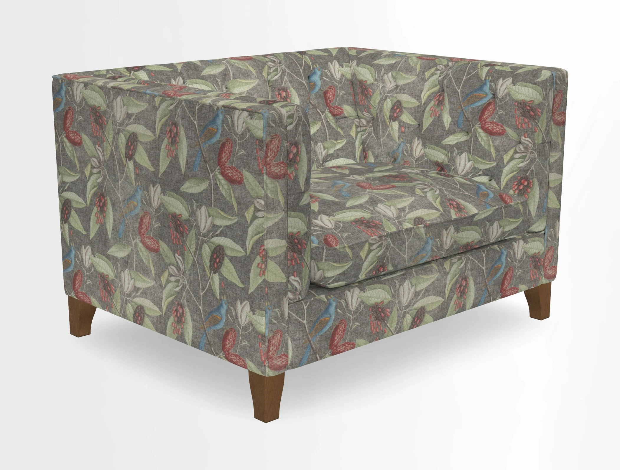 Haresfield Snuggler Dipped Arms in Mohair Lichen Seat Cushion in RHS Gertrude Jekyll Meadow Flower Olive and Scatters in RHS Gertrude Jekyll Folklore Olive