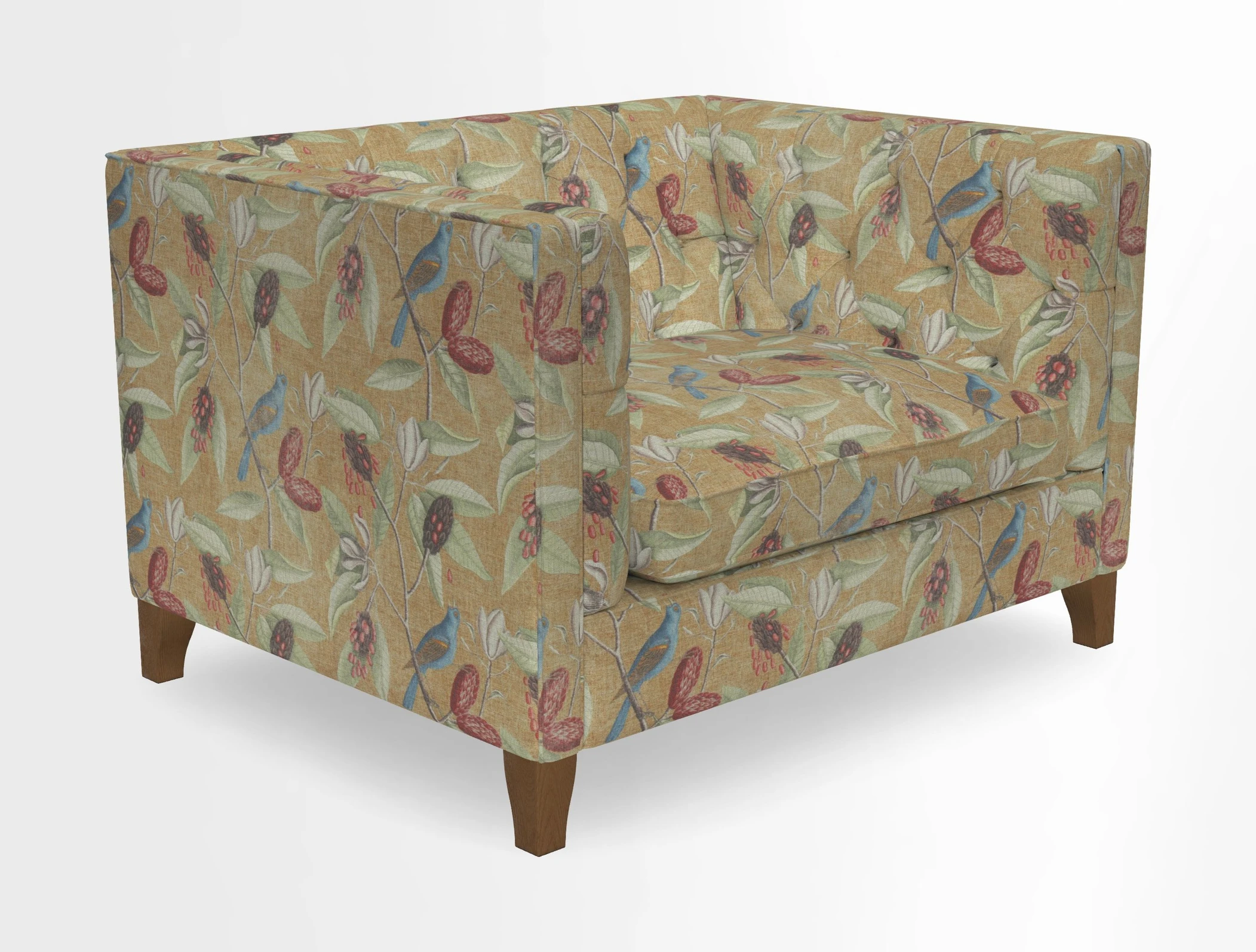 Haresfield Snuggler Dipped Arms in Mohair Lichen Seat Cushion in RHS Gertrude Jekyll Meadow Flower Olive and Scatters in RHS Gertrude Jekyll Folklore Olive