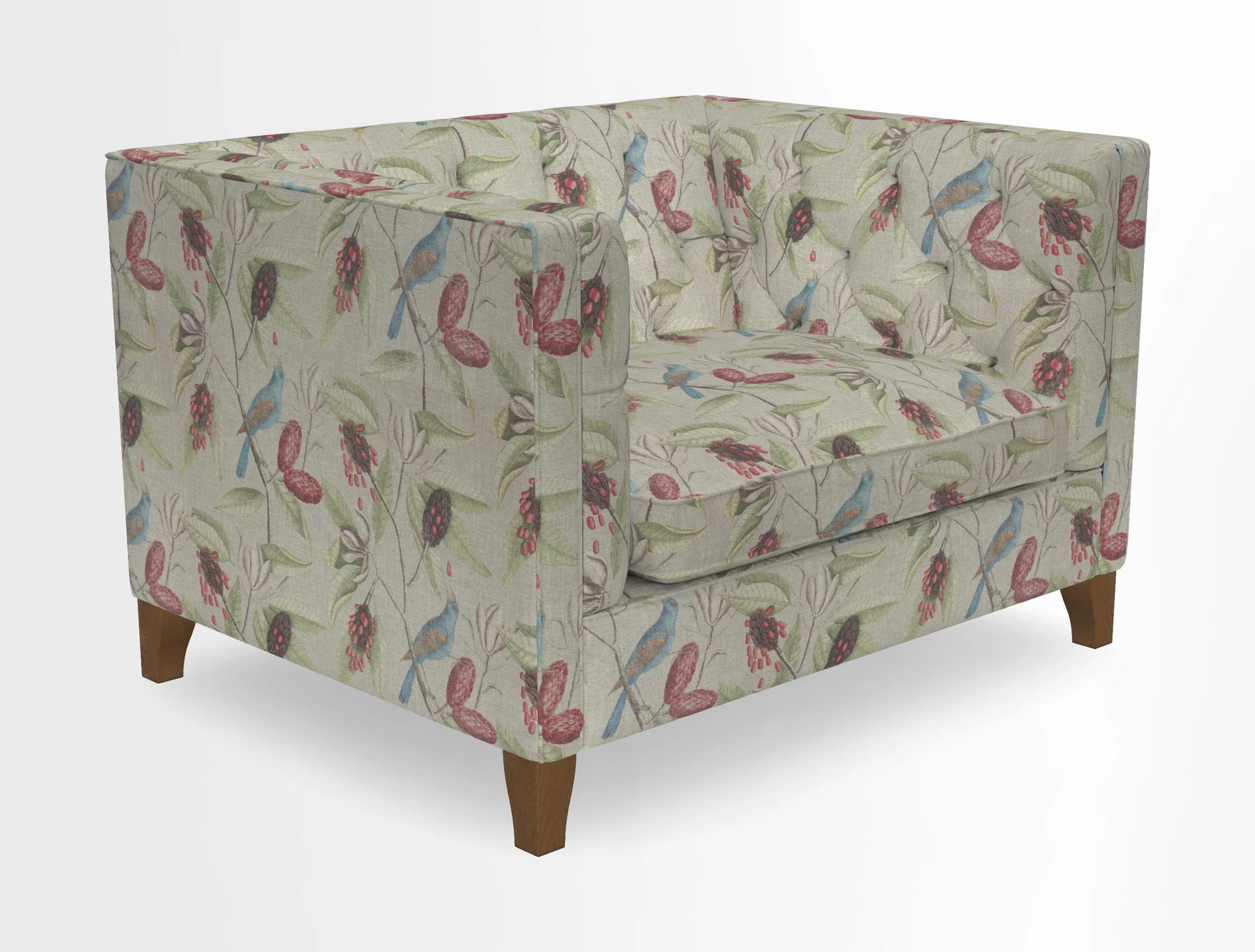Haresfield Snuggler Dipped Arms in Mohair Lichen Seat Cushion in RHS Gertrude Jekyll Meadow Flower Olive and Scatters in RHS Gertrude Jekyll Folklore Olive