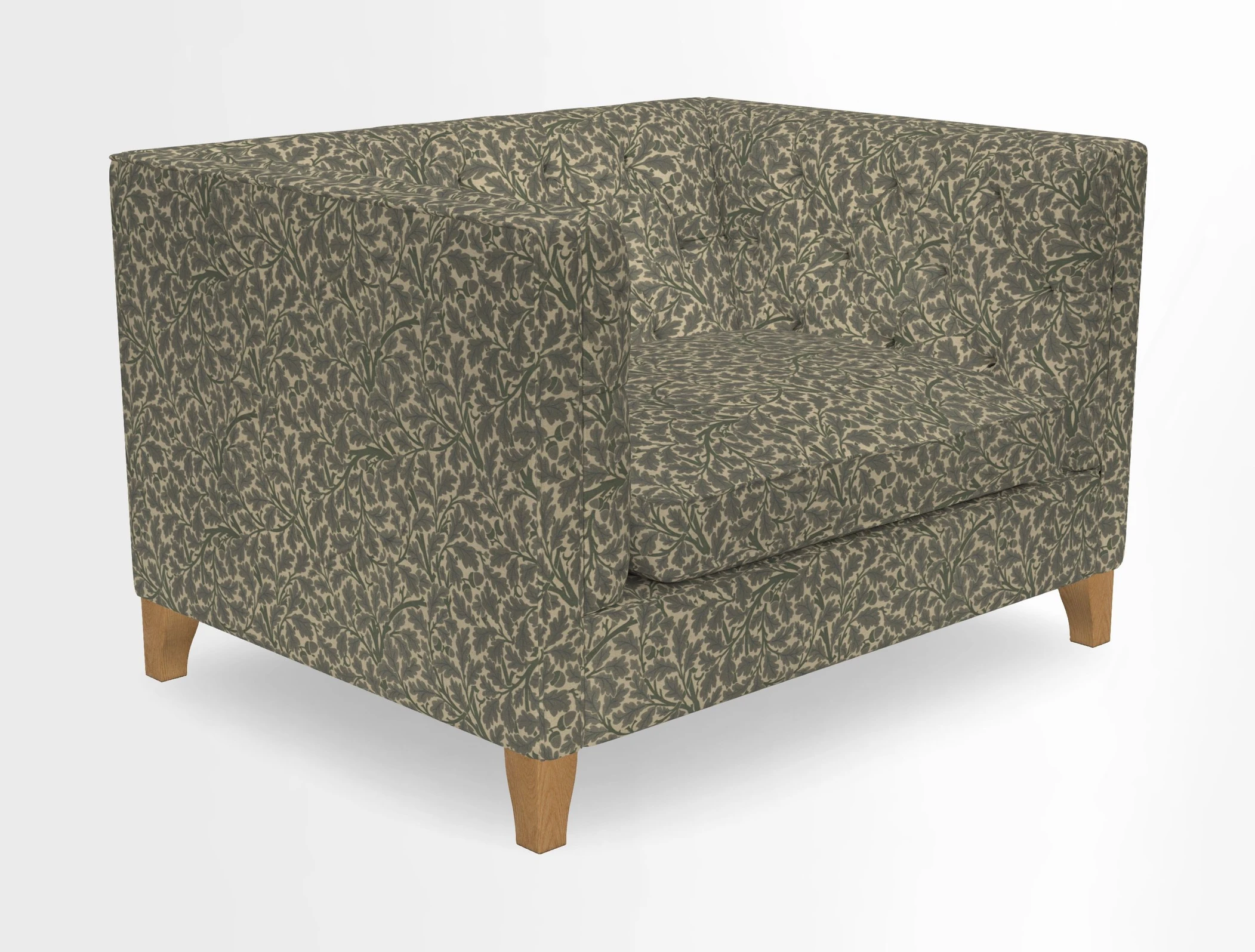 Haresfield Snuggler Dipped Arms in Mohair Lichen Seat Cushion in RHS Gertrude Jekyll Meadow Flower Olive and Scatters in RHS Gertrude Jekyll Folklore Olive