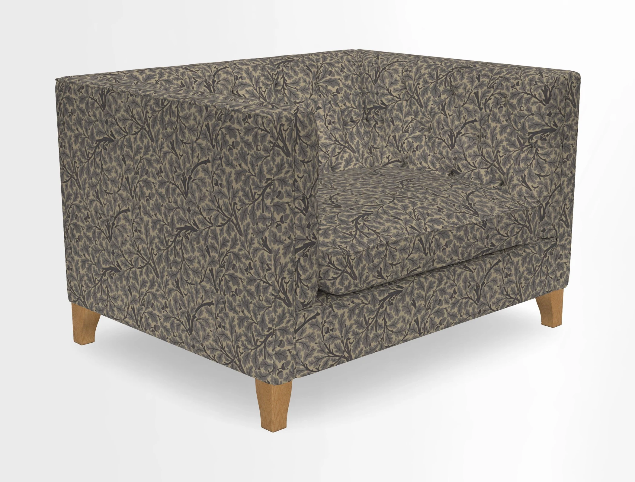 Haresfield Snuggler Dipped Arms in Mohair Lichen Seat Cushion in RHS Gertrude Jekyll Meadow Flower Olive and Scatters in RHS Gertrude Jekyll Folklore Olive