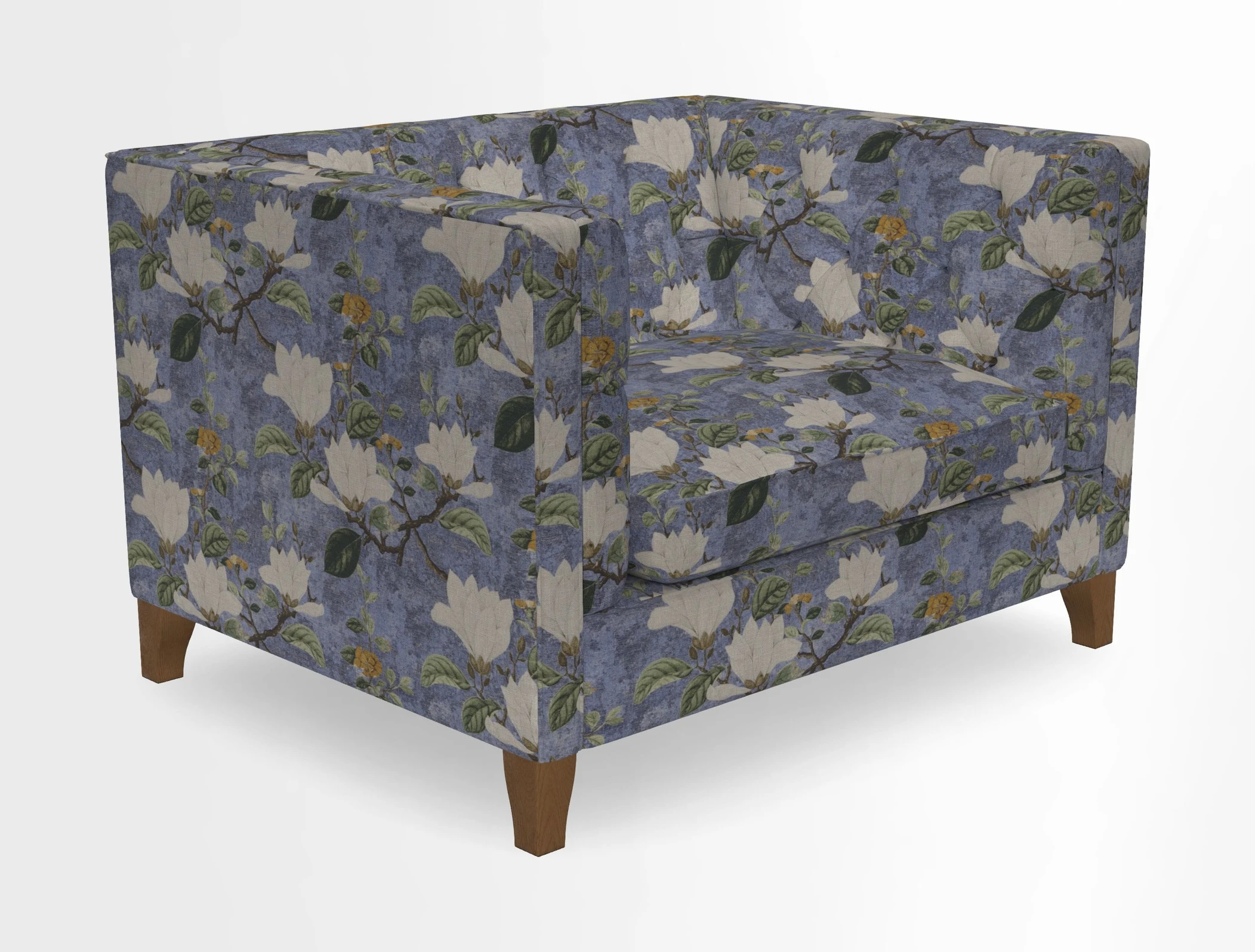 Haresfield Snuggler Dipped Arms in Mohair Lichen Seat Cushion in RHS Gertrude Jekyll Meadow Flower Olive and Scatters in RHS Gertrude Jekyll Folklore Olive