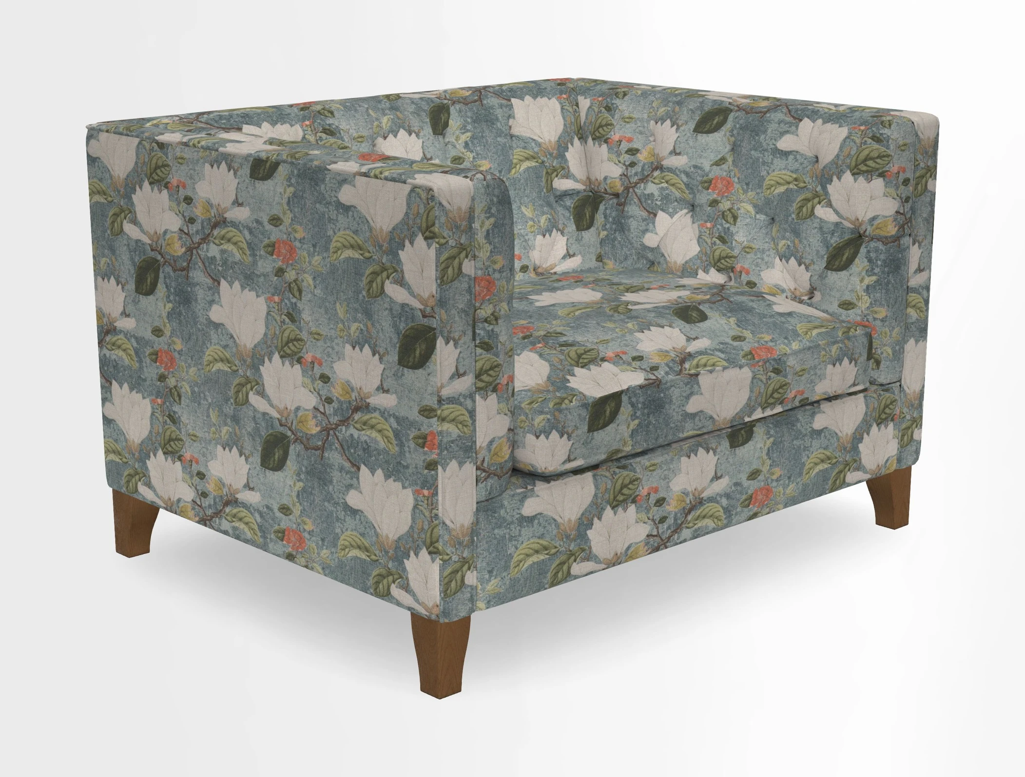 Haresfield Snuggler Dipped Arms in Mohair Lichen Seat Cushion in RHS Gertrude Jekyll Meadow Flower Olive and Scatters in RHS Gertrude Jekyll Folklore Olive