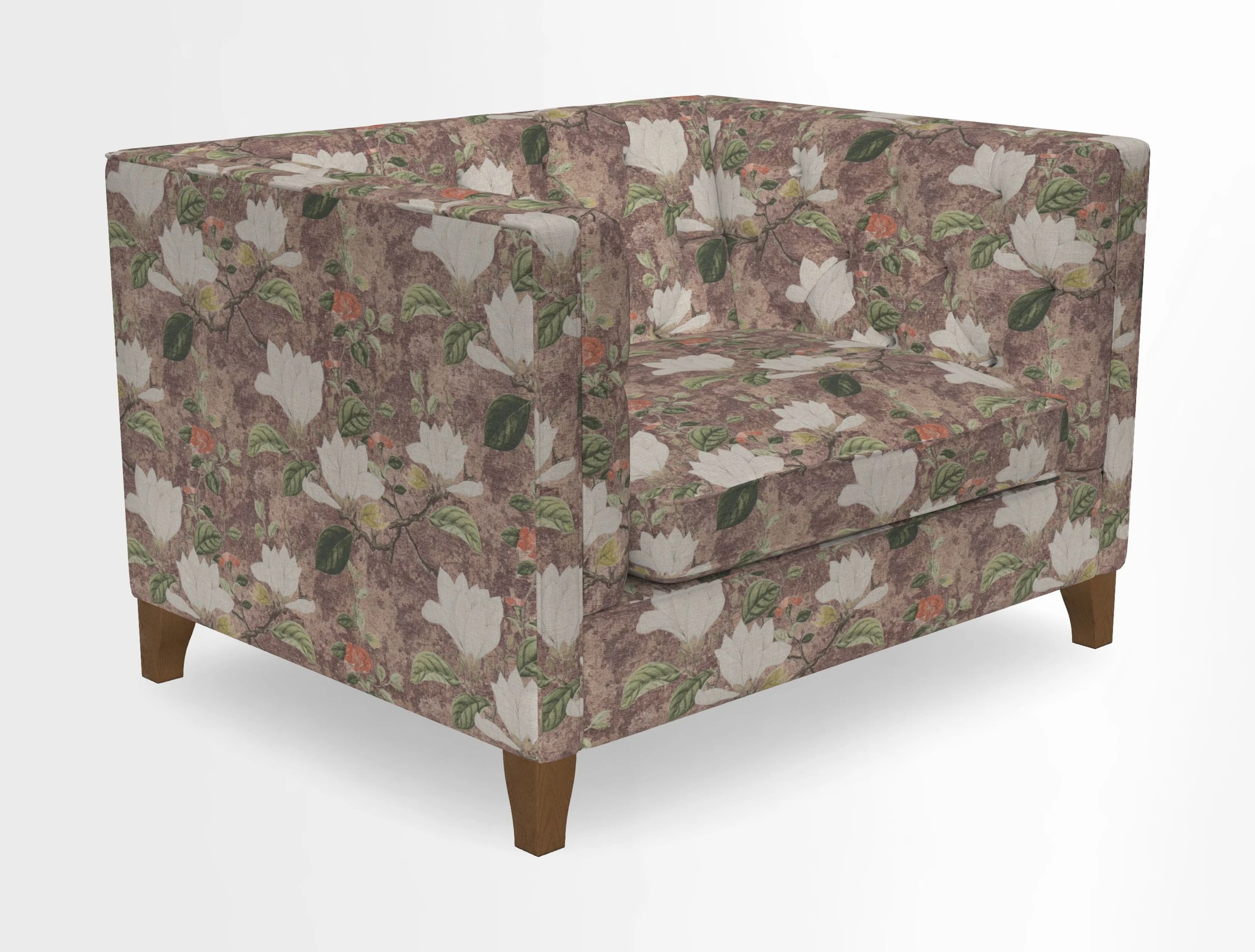Haresfield Snuggler Dipped Arms in Mohair Lichen Seat Cushion in RHS Gertrude Jekyll Meadow Flower Olive and Scatters in RHS Gertrude Jekyll Folklore Olive