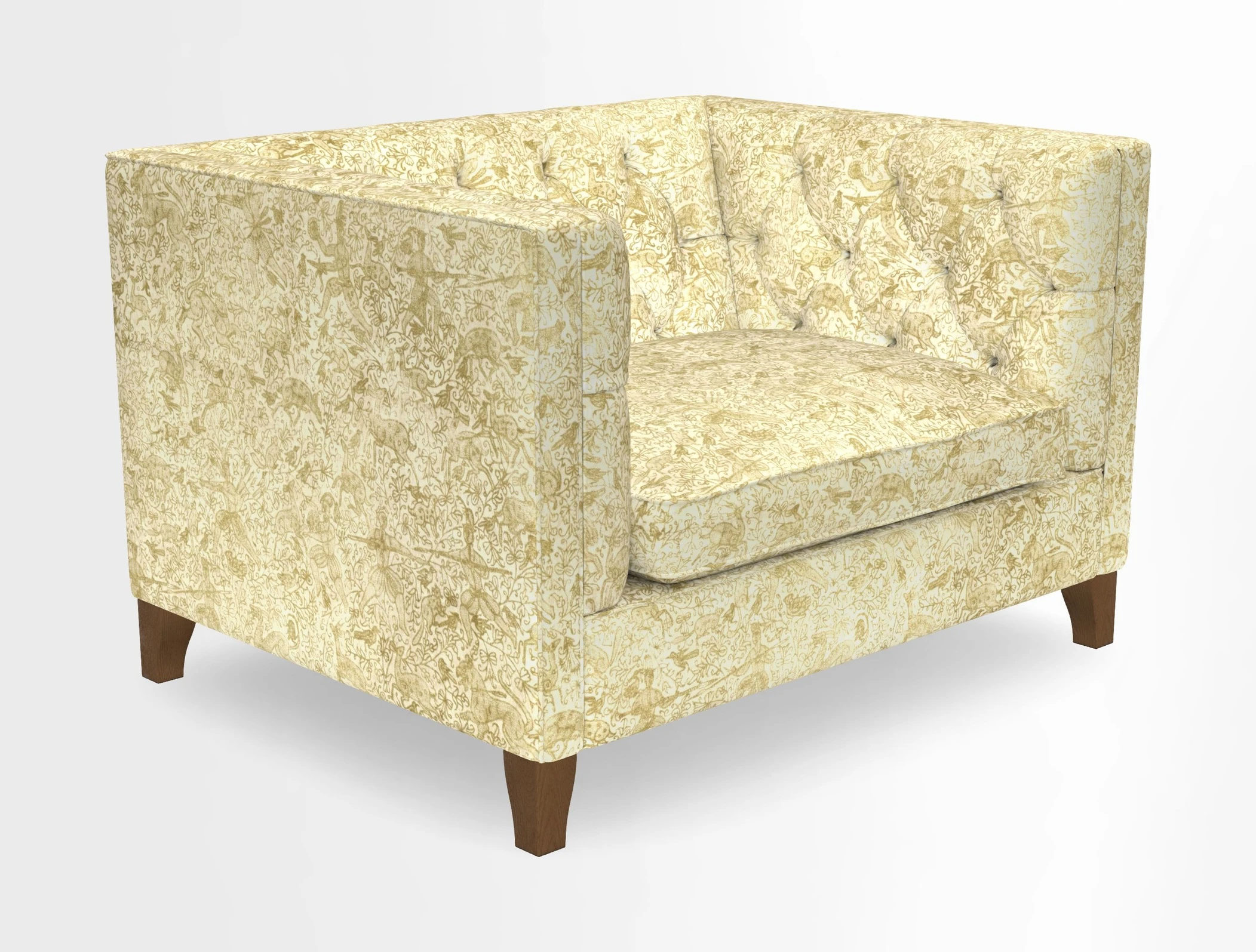Haresfield Snuggler Dipped Arms in Mohair Lichen Seat Cushion in RHS Gertrude Jekyll Meadow Flower Olive and Scatters in RHS Gertrude Jekyll Folklore Olive