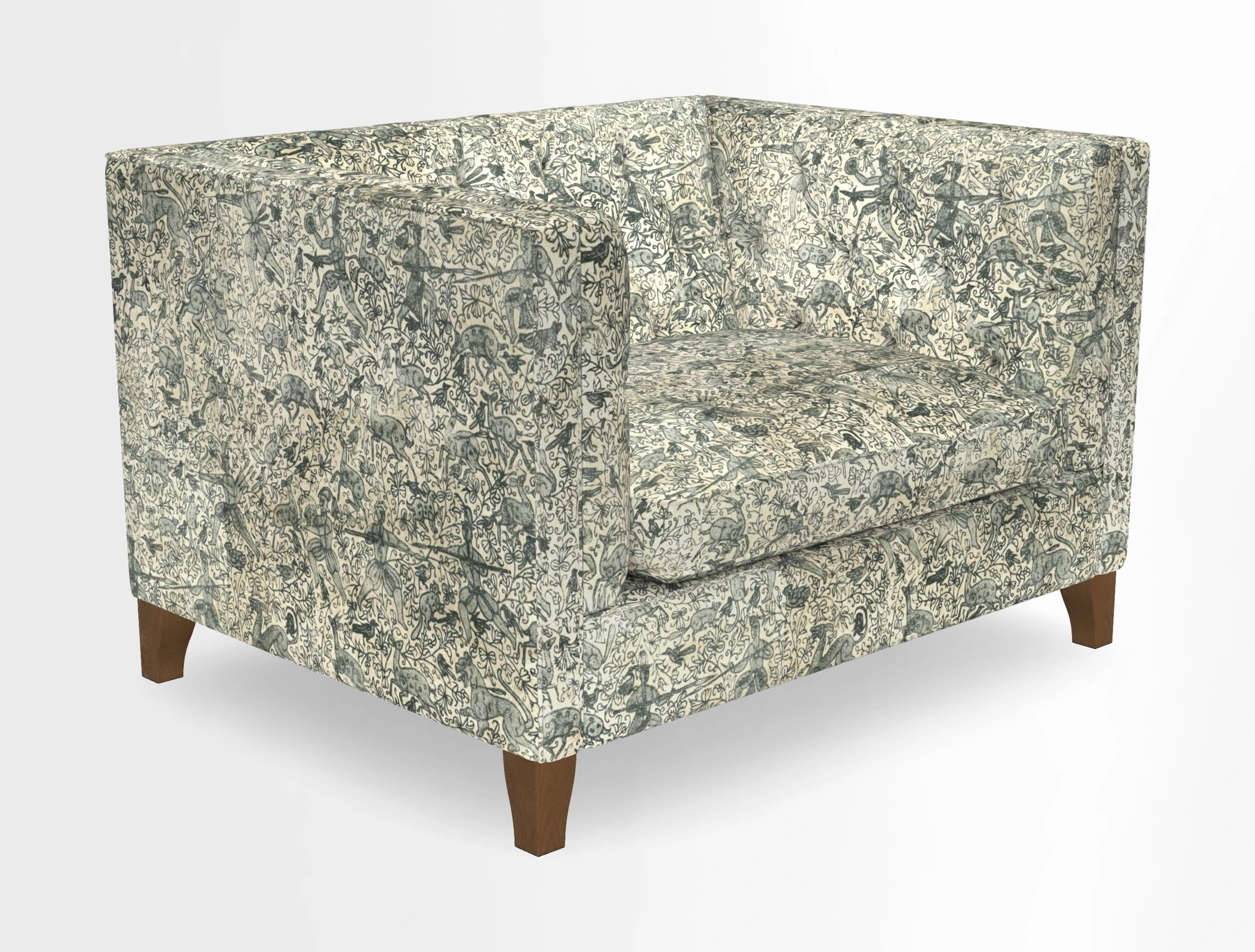Haresfield Snuggler Dipped Arms in Mohair Lichen Seat Cushion in RHS Gertrude Jekyll Meadow Flower Olive and Scatters in RHS Gertrude Jekyll Folklore Olive