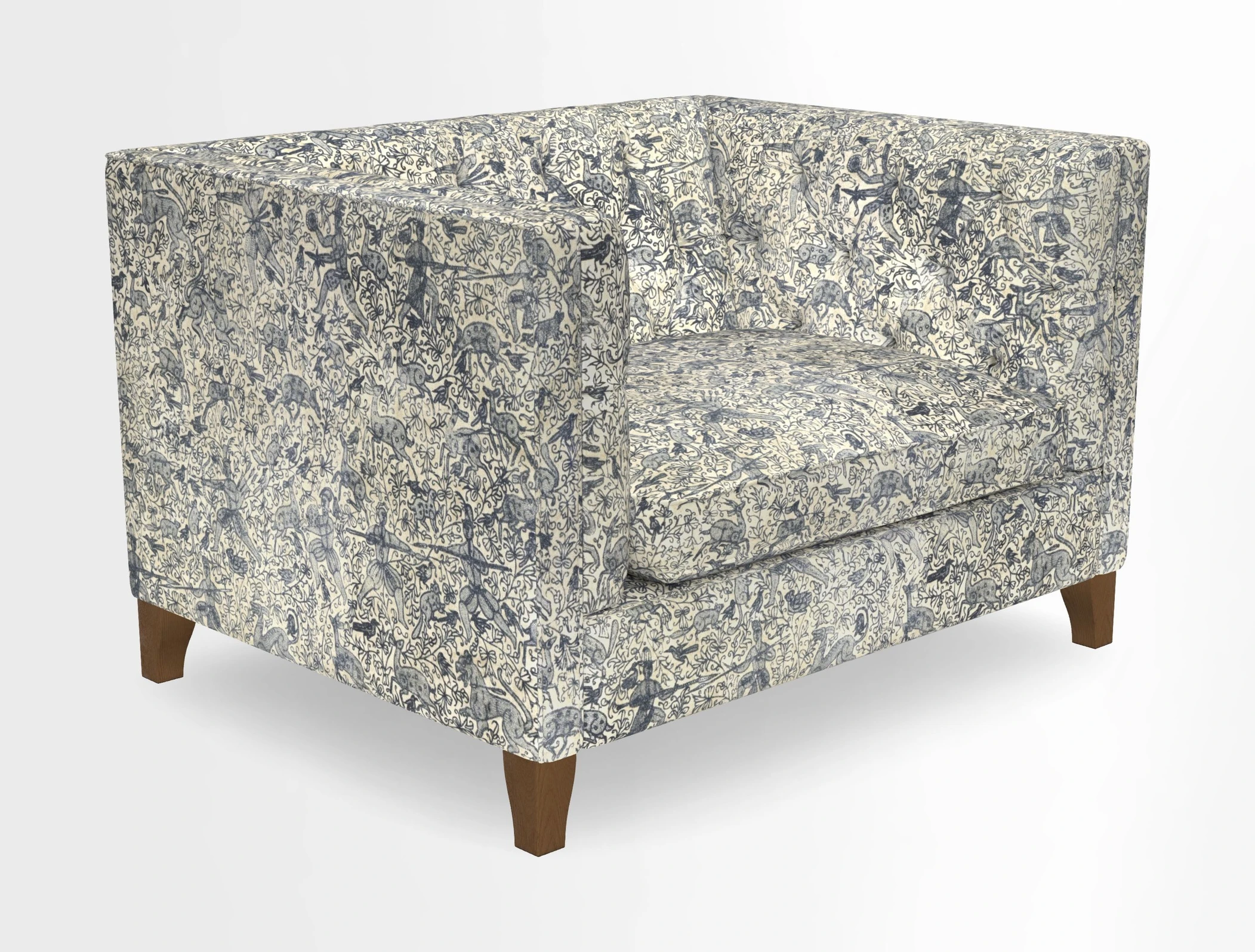 Haresfield Snuggler Dipped Arms in Mohair Lichen Seat Cushion in RHS Gertrude Jekyll Meadow Flower Olive and Scatters in RHS Gertrude Jekyll Folklore Olive