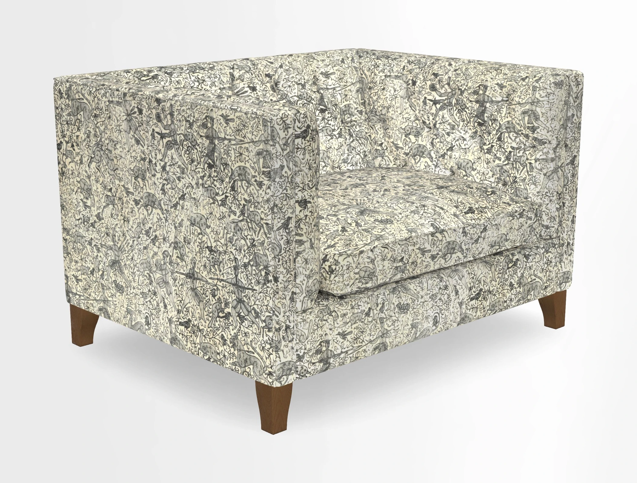 Haresfield Snuggler Dipped Arms in Mohair Lichen Seat Cushion in RHS Gertrude Jekyll Meadow Flower Olive and Scatters in RHS Gertrude Jekyll Folklore Olive