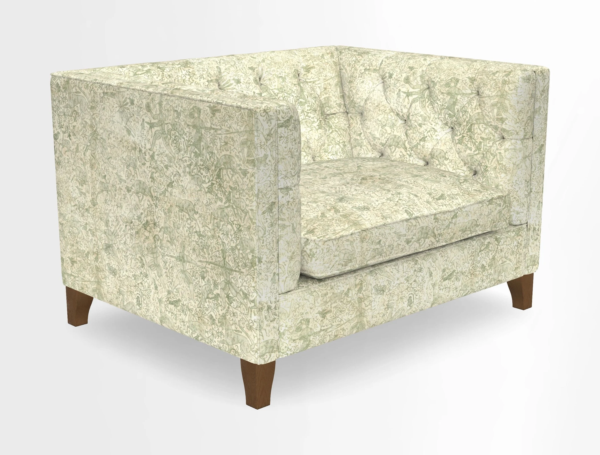 Haresfield Snuggler Dipped Arms in Mohair Lichen Seat Cushion in RHS Gertrude Jekyll Meadow Flower Olive and Scatters in RHS Gertrude Jekyll Folklore Olive