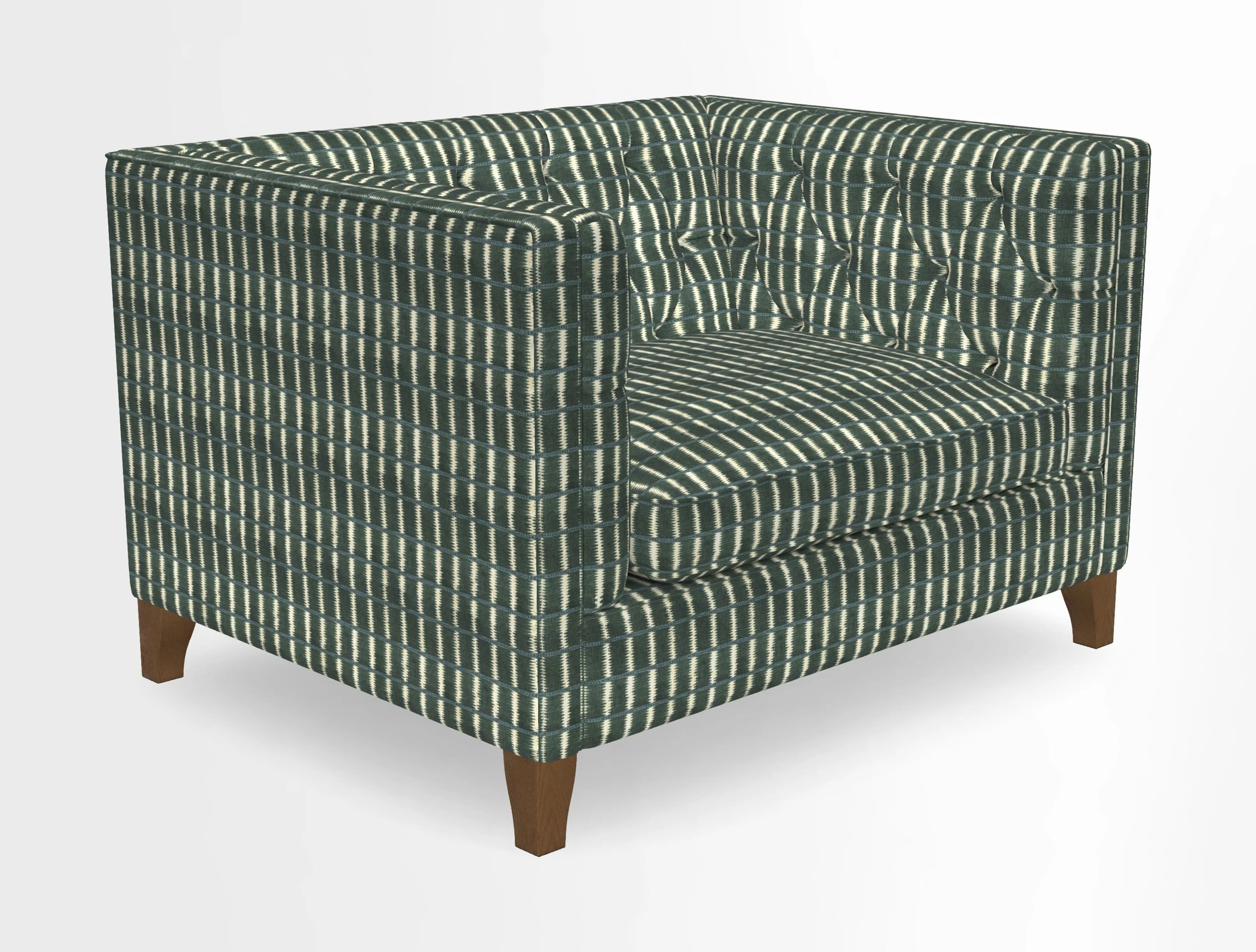 Haresfield Snuggler Dipped Arms in Mohair Lichen Seat Cushion in RHS Gertrude Jekyll Meadow Flower Olive and Scatters in RHS Gertrude Jekyll Folklore Olive