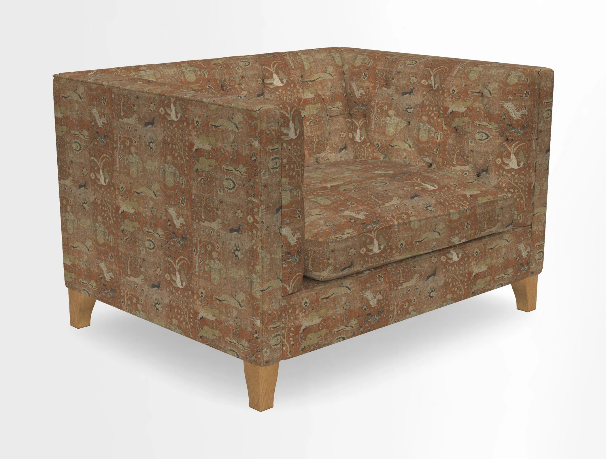 Haresfield Snuggler Dipped Arms in Mohair Lichen Seat Cushion in RHS Gertrude Jekyll Meadow Flower Olive and Scatters in RHS Gertrude Jekyll Folklore Olive