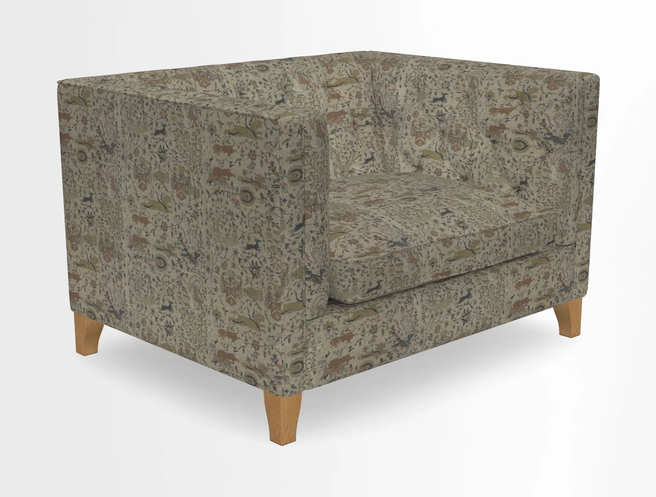 Haresfield Snuggler Dipped Arms in Mohair Lichen Seat Cushion in RHS Gertrude Jekyll Meadow Flower Olive and Scatters in RHS Gertrude Jekyll Folklore Olive