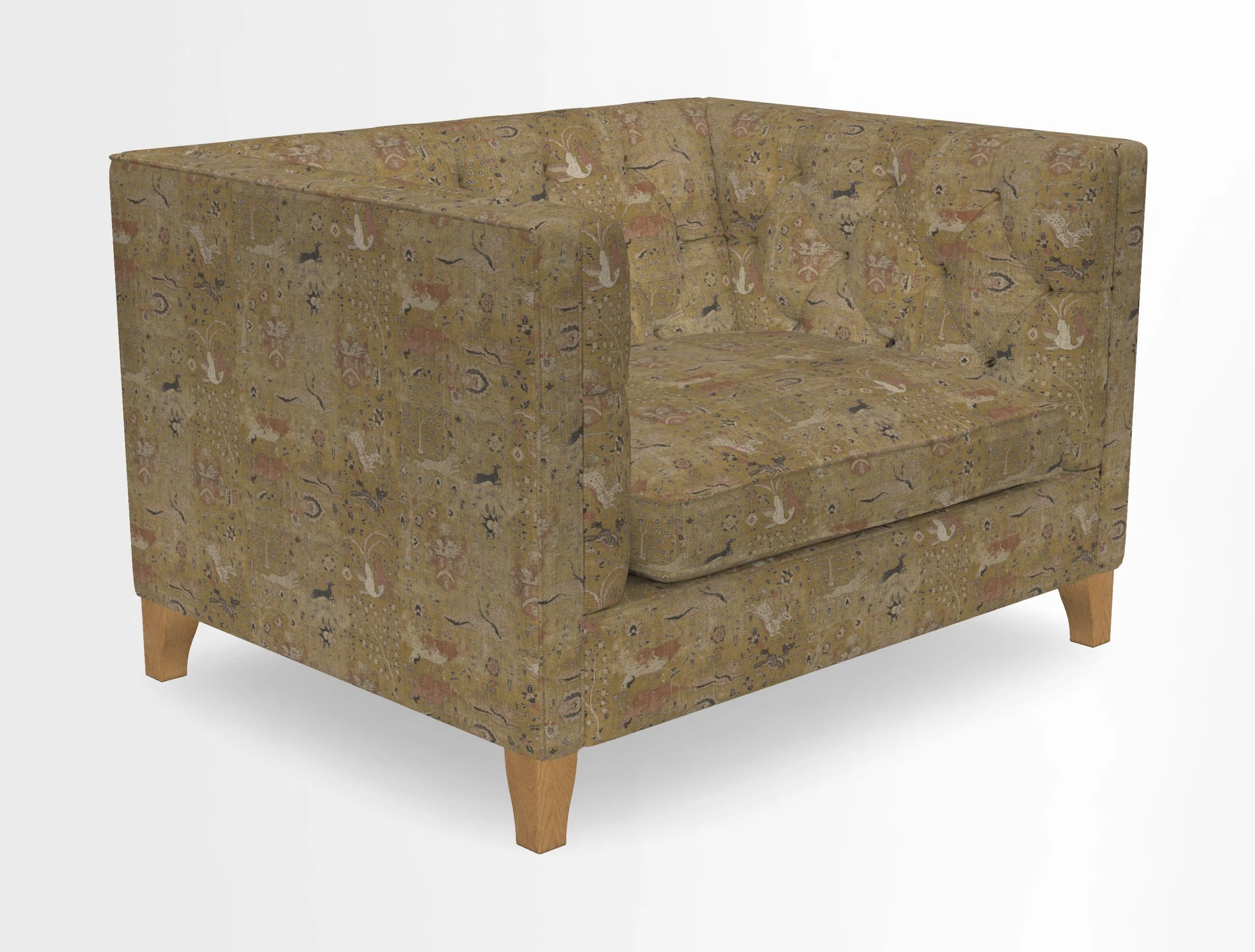 Haresfield Snuggler Dipped Arms in Mohair Lichen Seat Cushion in RHS Gertrude Jekyll Meadow Flower Olive and Scatters in RHS Gertrude Jekyll Folklore Olive