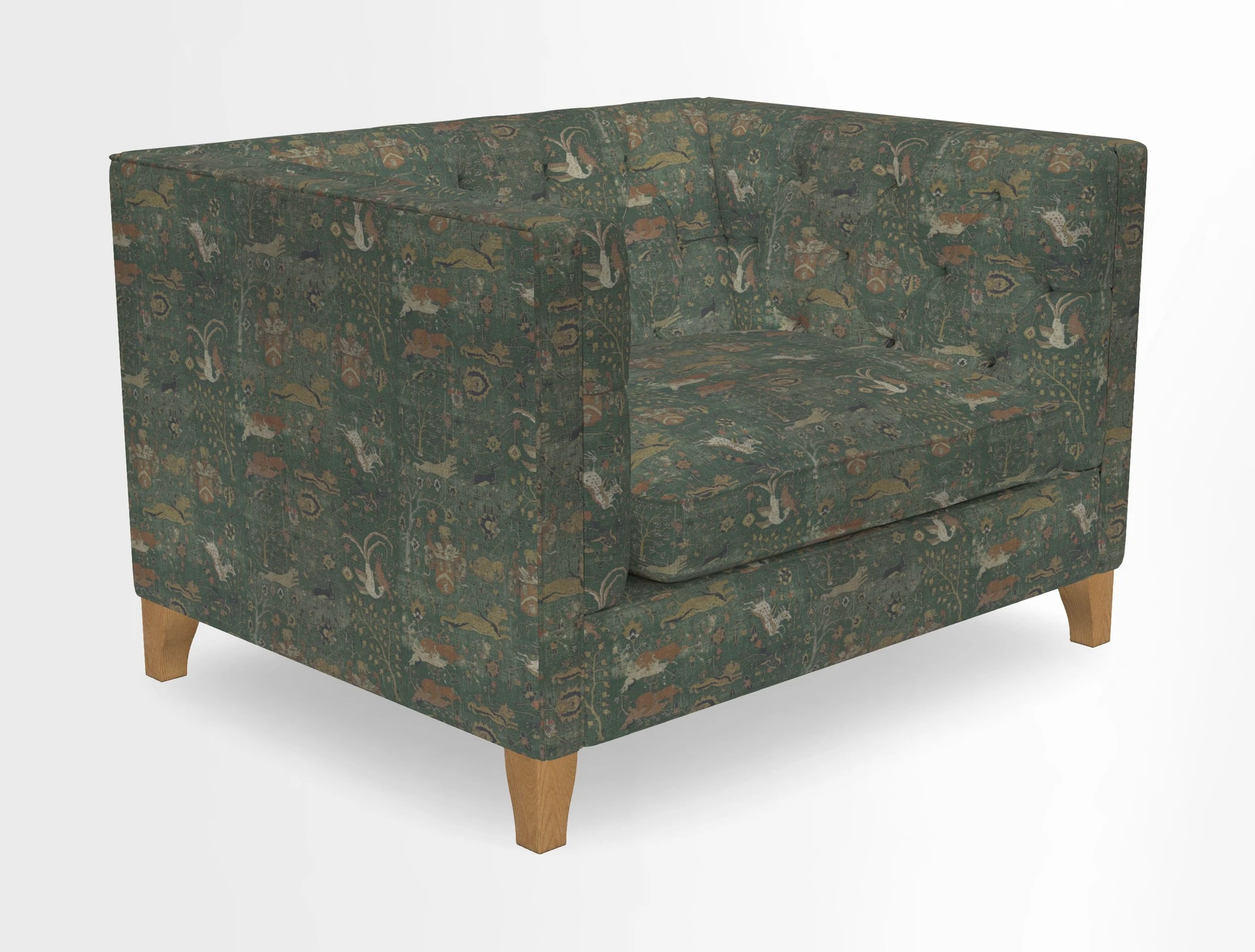 Haresfield Snuggler Dipped Arms in Mohair Lichen Seat Cushion in RHS Gertrude Jekyll Meadow Flower Olive and Scatters in RHS Gertrude Jekyll Folklore Olive