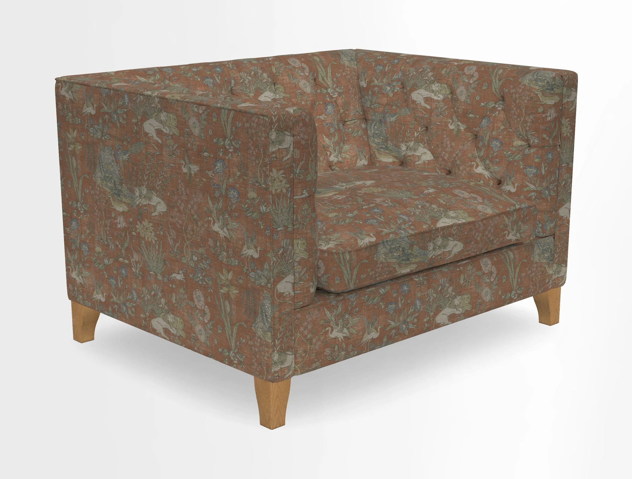Haresfield Snuggler Dipped Arms in Mohair Lichen Seat Cushion in RHS Gertrude Jekyll Meadow Flower Olive and Scatters in RHS Gertrude Jekyll Folklore Olive