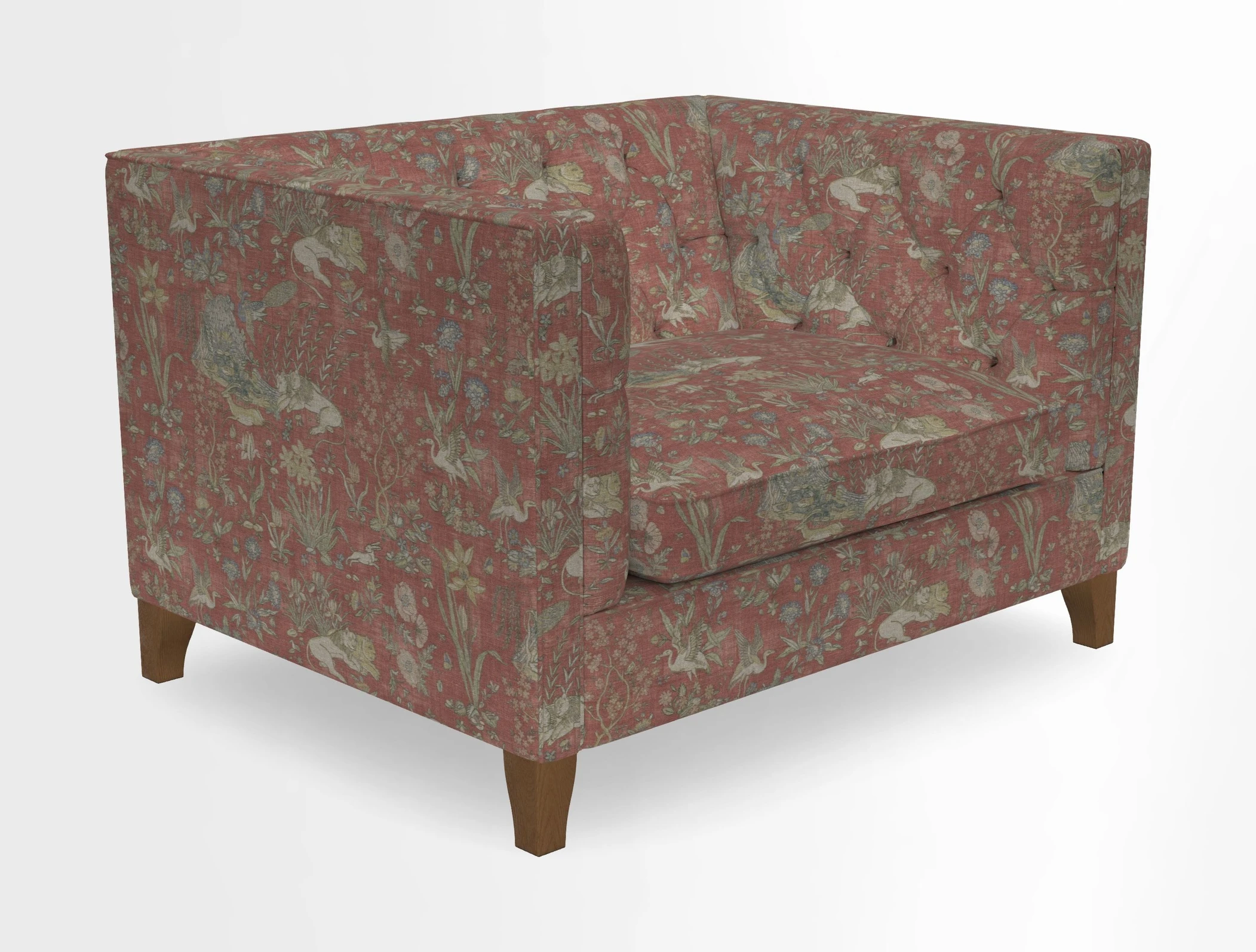 Haresfield Snuggler Dipped Arms in Mohair Lichen Seat Cushion in RHS Gertrude Jekyll Meadow Flower Olive and Scatters in RHS Gertrude Jekyll Folklore Olive