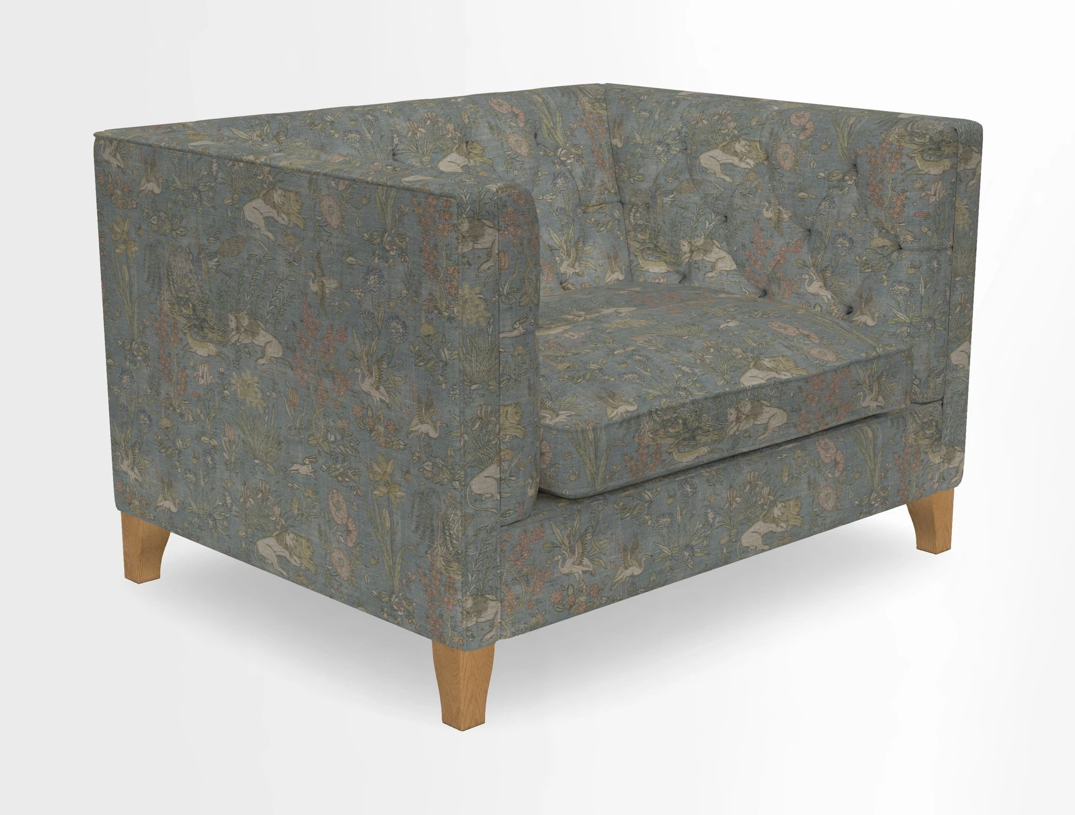 Haresfield Snuggler Dipped Arms in Mohair Lichen Seat Cushion in RHS Gertrude Jekyll Meadow Flower Olive and Scatters in RHS Gertrude Jekyll Folklore Olive