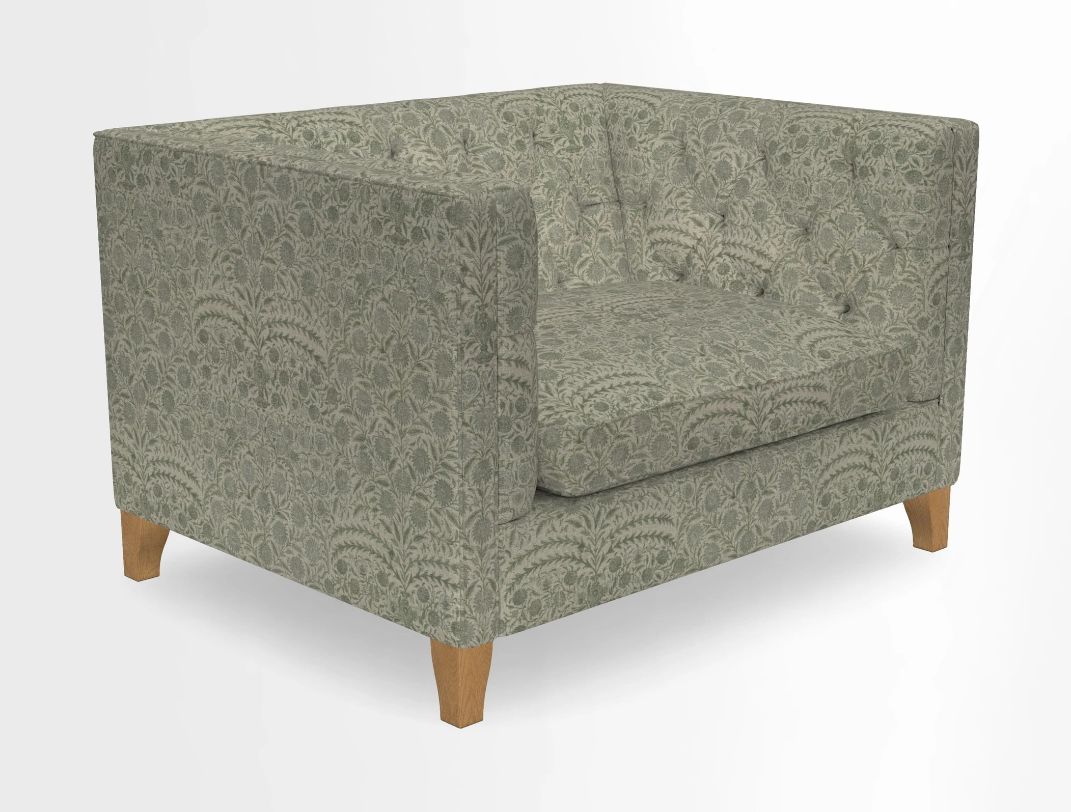 Haresfield Snuggler Dipped Arms in Mohair Lichen Seat Cushion in RHS Gertrude Jekyll Meadow Flower Olive and Scatters in RHS Gertrude Jekyll Folklore Olive