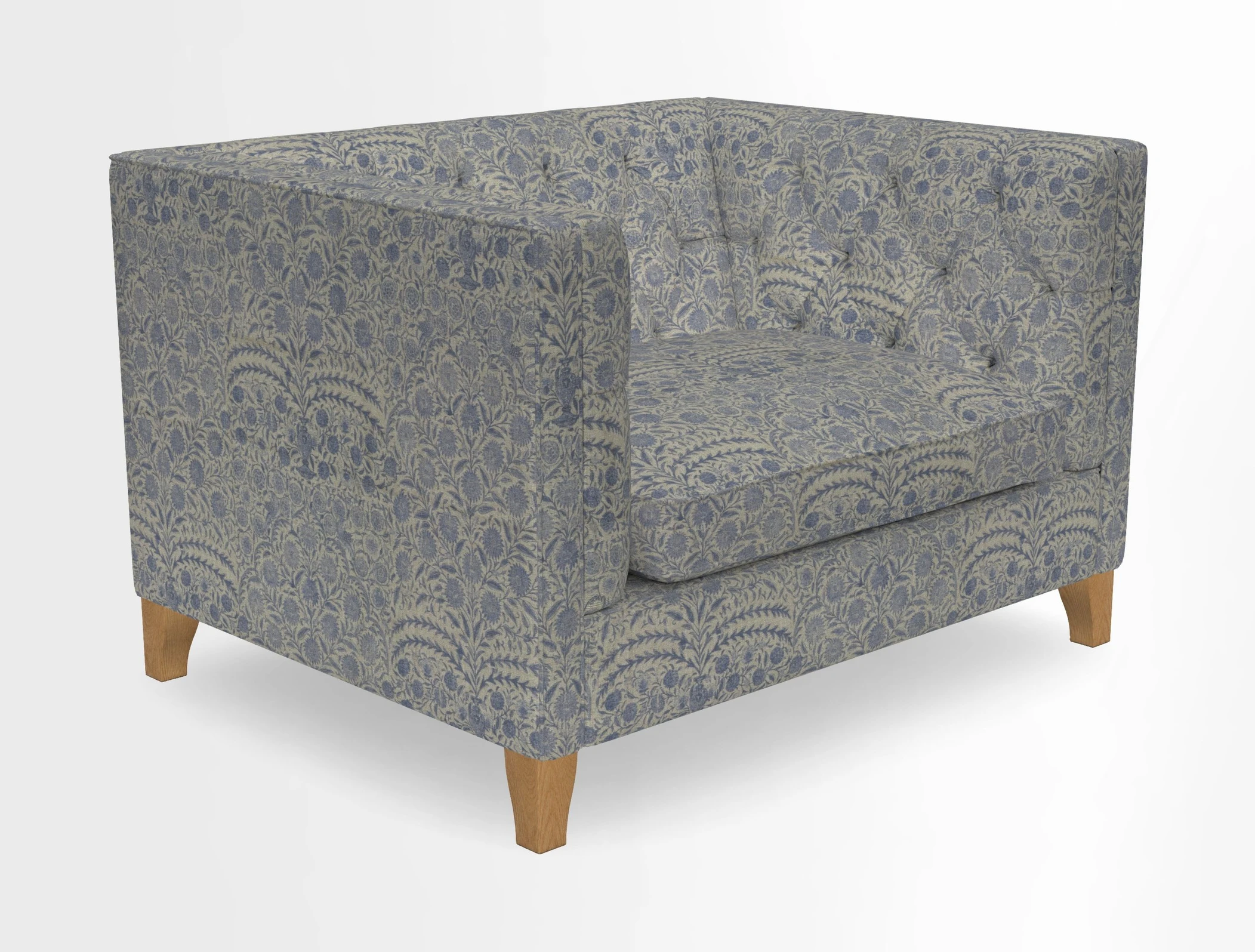 Haresfield Snuggler Dipped Arms in Mohair Lichen Seat Cushion in RHS Gertrude Jekyll Meadow Flower Olive and Scatters in RHS Gertrude Jekyll Folklore Olive