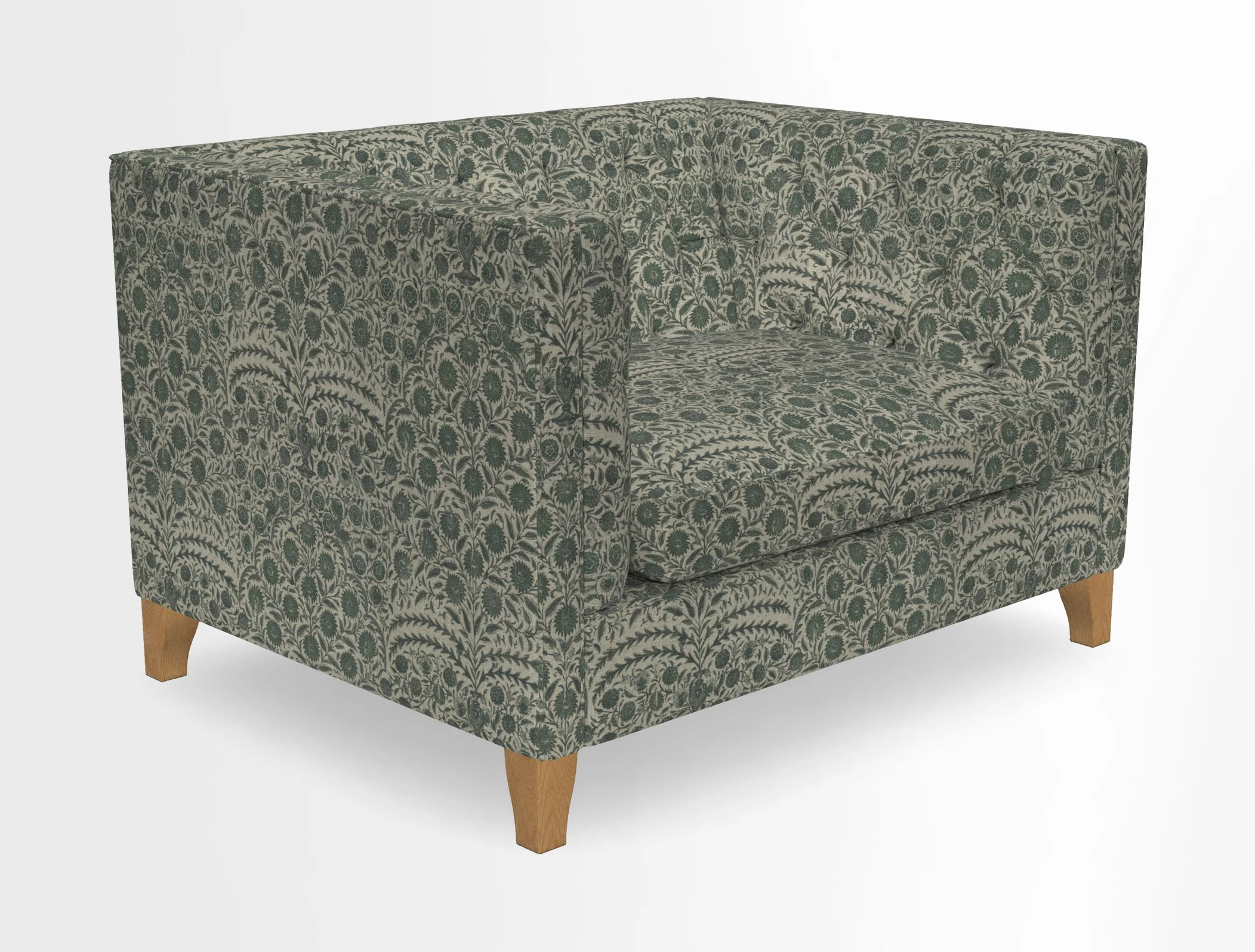 Haresfield Snuggler Dipped Arms in Mohair Lichen Seat Cushion in RHS Gertrude Jekyll Meadow Flower Olive and Scatters in RHS Gertrude Jekyll Folklore Olive