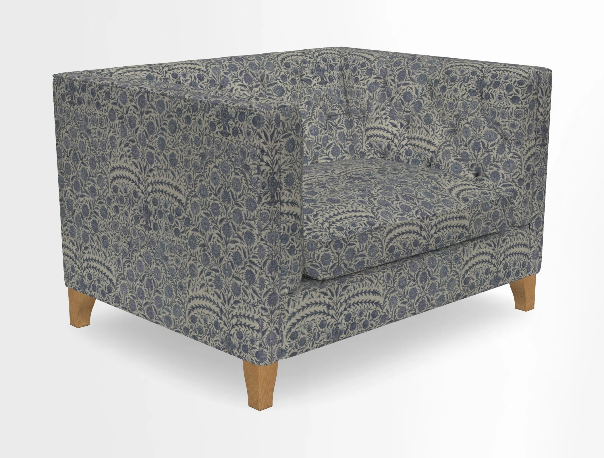 Haresfield Snuggler Dipped Arms in Mohair Lichen Seat Cushion in RHS Gertrude Jekyll Meadow Flower Olive and Scatters in RHS Gertrude Jekyll Folklore Olive