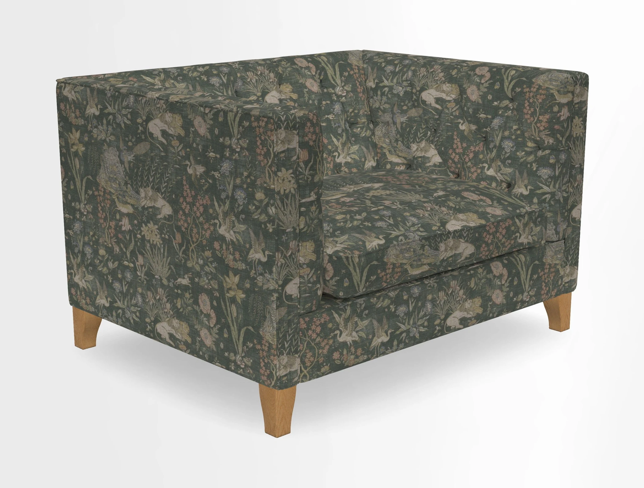 Haresfield Snuggler Dipped Arms in Mohair Lichen Seat Cushion in RHS Gertrude Jekyll Meadow Flower Olive and Scatters in RHS Gertrude Jekyll Folklore Olive