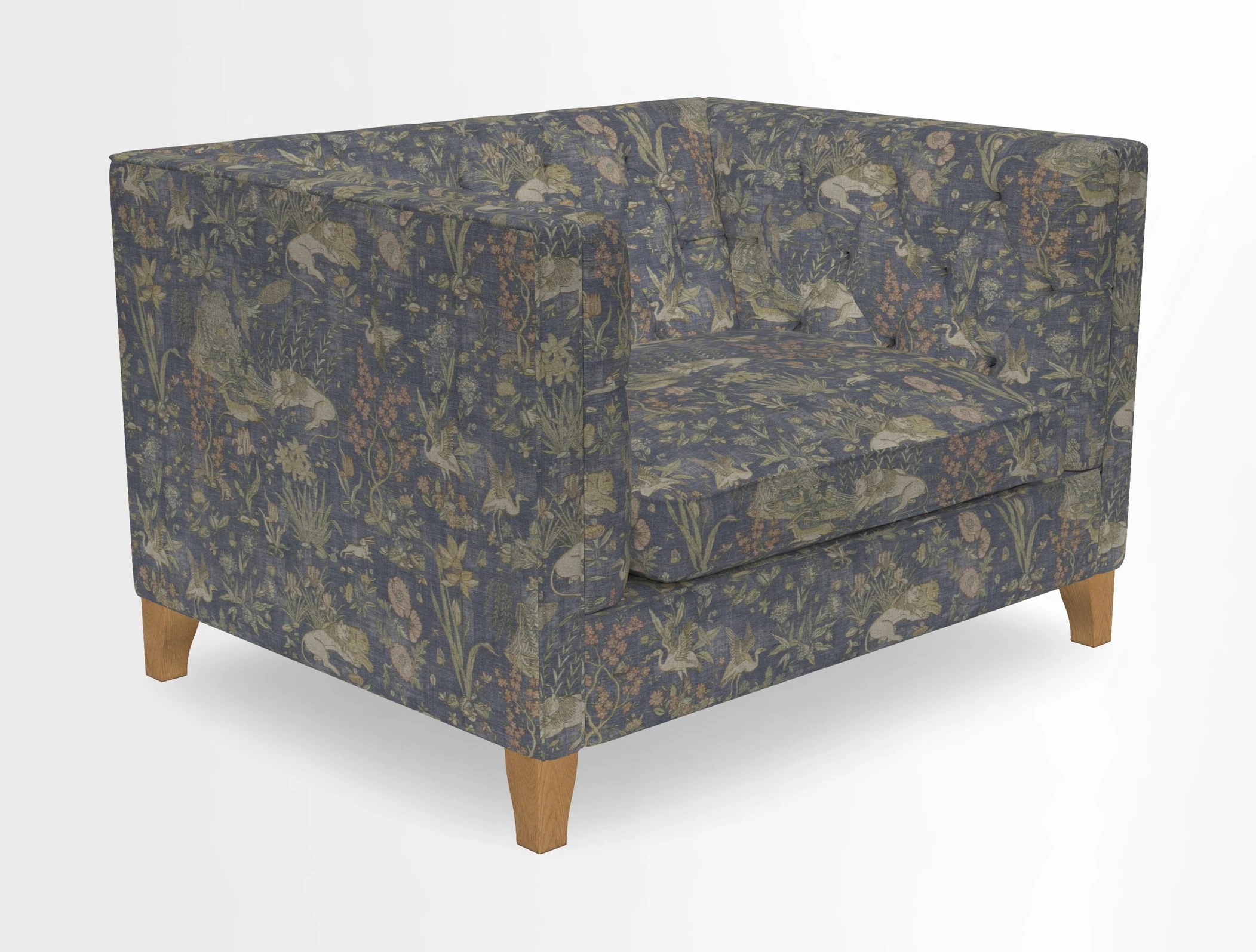 Haresfield Snuggler Dipped Arms in Mohair Lichen Seat Cushion in RHS Gertrude Jekyll Meadow Flower Olive and Scatters in RHS Gertrude Jekyll Folklore Olive