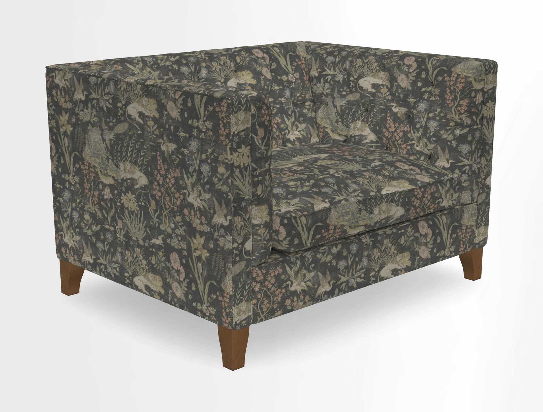 Haresfield Snuggler Dipped Arms in Mohair Lichen Seat Cushion in RHS Gertrude Jekyll Meadow Flower Olive and Scatters in RHS Gertrude Jekyll Folklore Olive