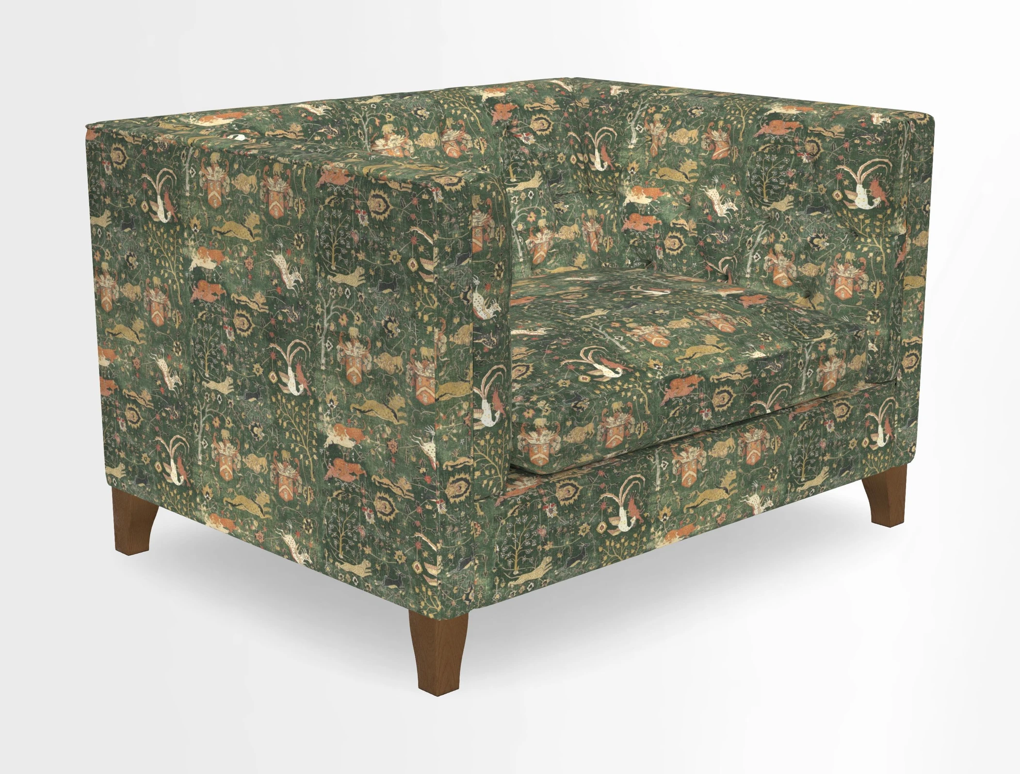 Haresfield Snuggler Dipped Arms in Mohair Lichen Seat Cushion in RHS Gertrude Jekyll Meadow Flower Olive and Scatters in RHS Gertrude Jekyll Folklore Olive