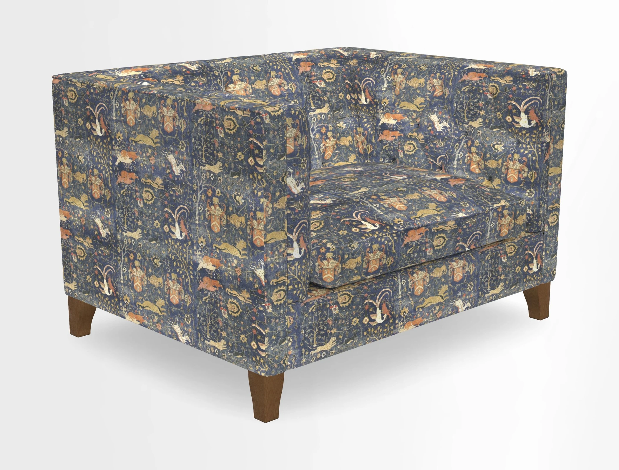 Haresfield Snuggler Dipped Arms in Mohair Lichen Seat Cushion in RHS Gertrude Jekyll Meadow Flower Olive and Scatters in RHS Gertrude Jekyll Folklore Olive