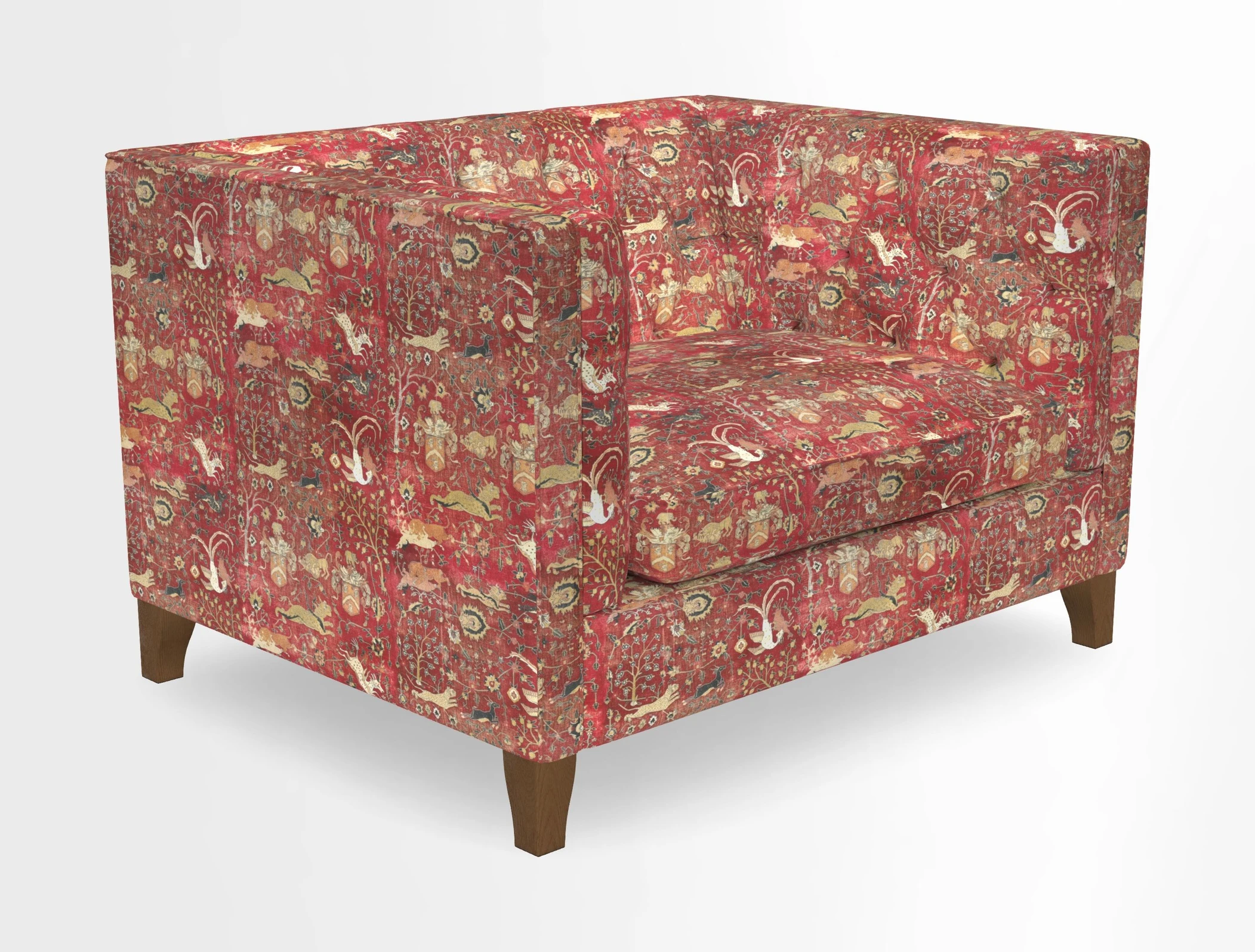 Haresfield Snuggler Dipped Arms in Mohair Lichen Seat Cushion in RHS Gertrude Jekyll Meadow Flower Olive and Scatters in RHS Gertrude Jekyll Folklore Olive