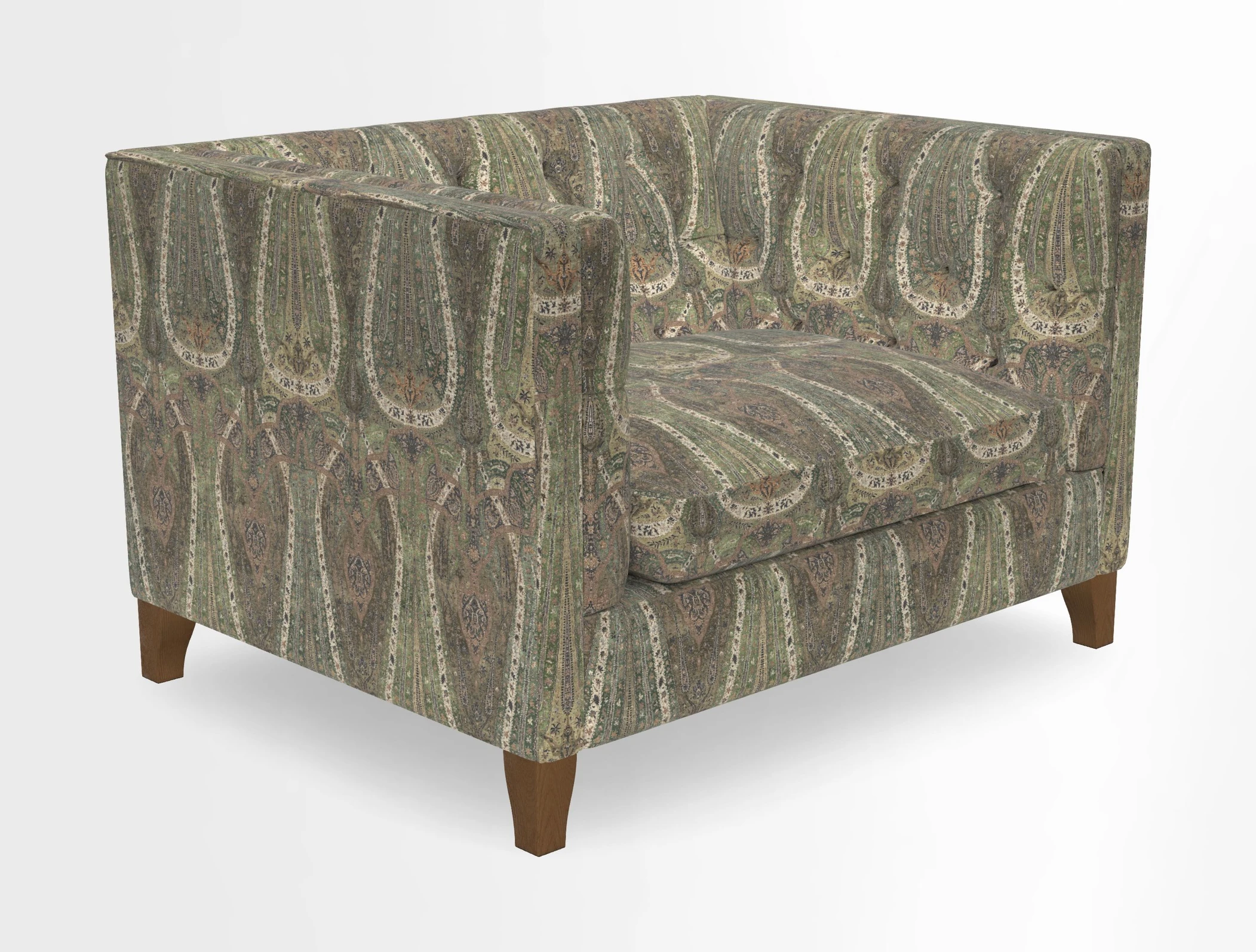 Haresfield Snuggler Dipped Arms in Mohair Lichen Seat Cushion in RHS Gertrude Jekyll Meadow Flower Olive and Scatters in RHS Gertrude Jekyll Folklore Olive