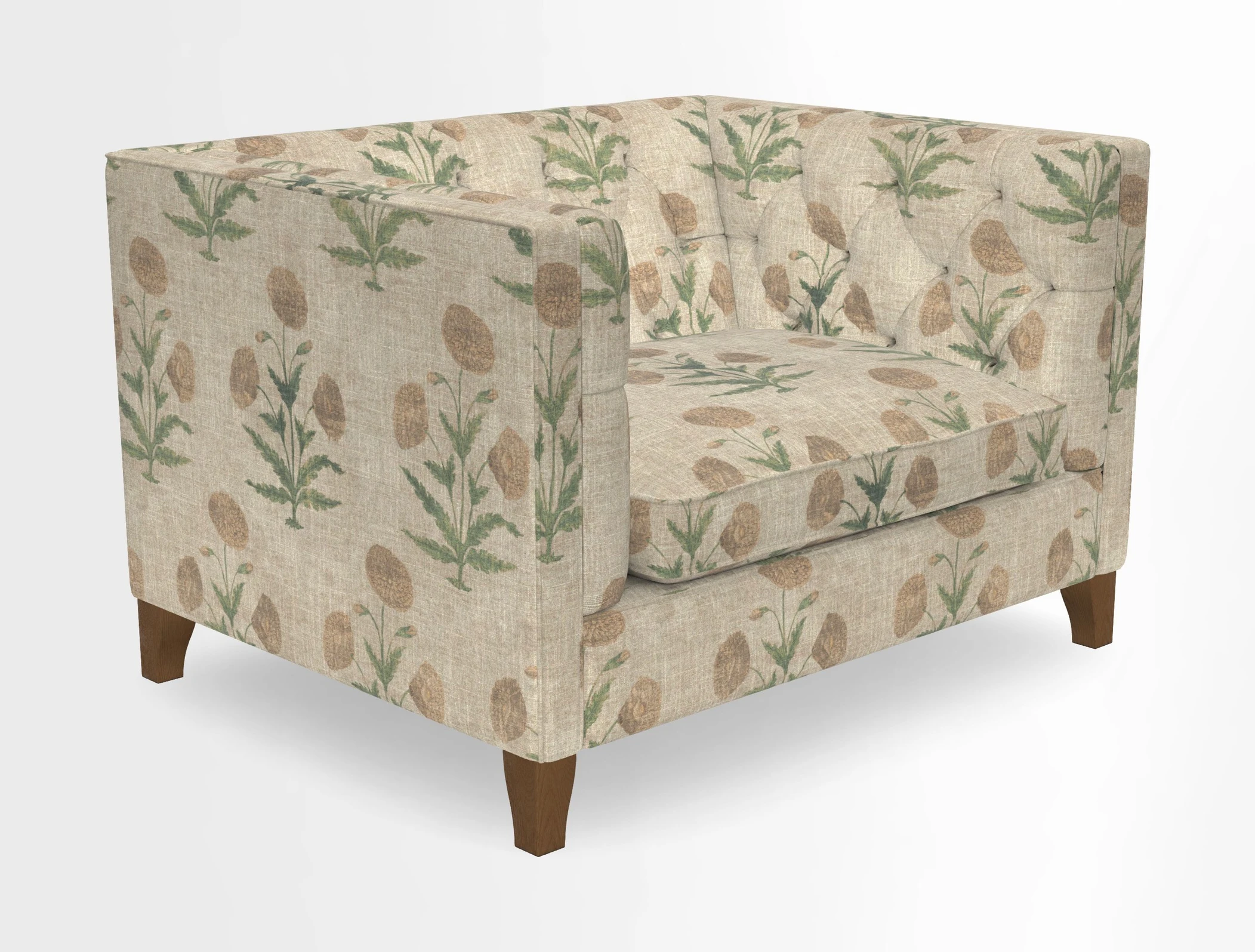 Haresfield Snuggler Dipped Arms in Mohair Lichen Seat Cushion in RHS Gertrude Jekyll Meadow Flower Olive and Scatters in RHS Gertrude Jekyll Folklore Olive