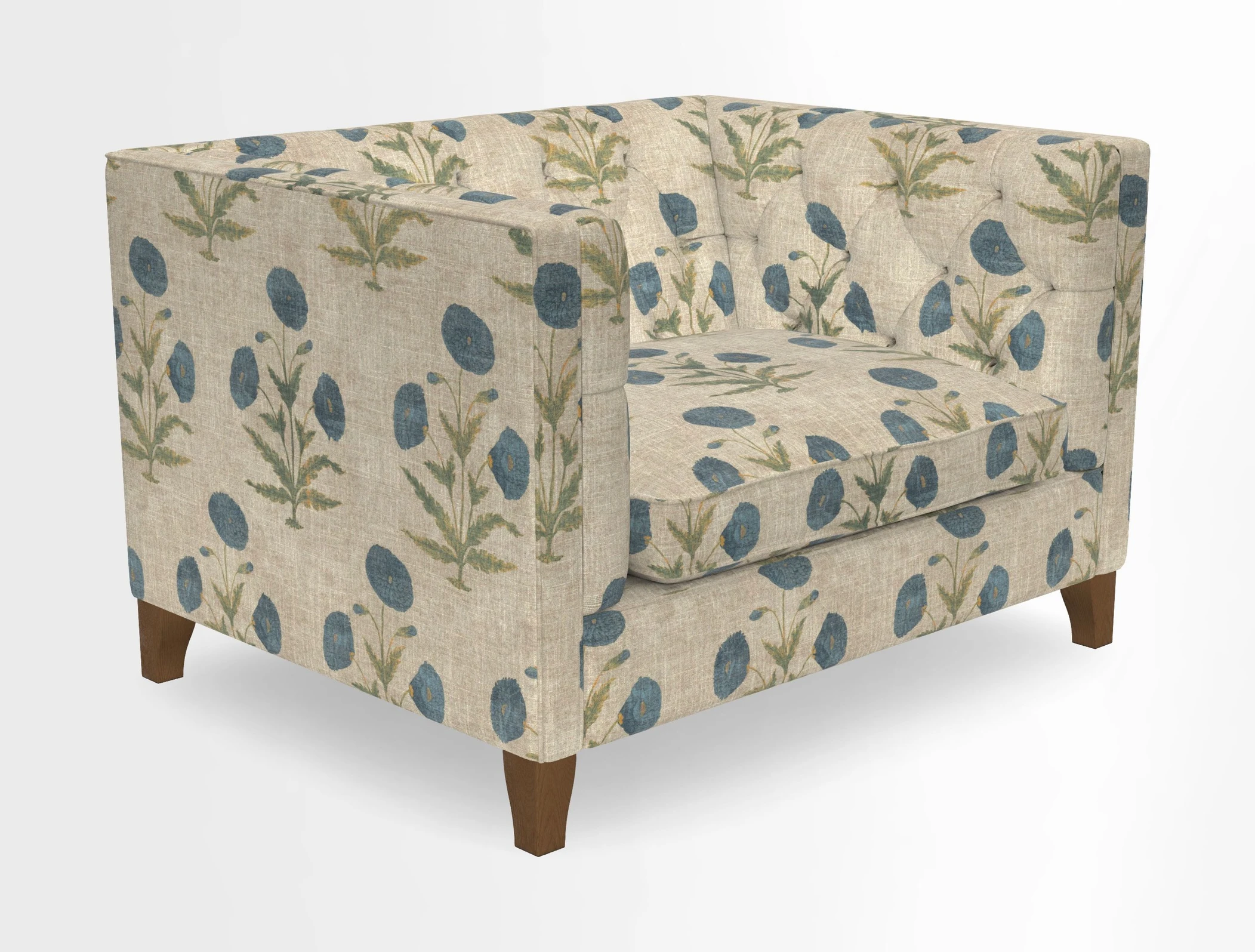 Haresfield Snuggler Dipped Arms in Mohair Lichen Seat Cushion in RHS Gertrude Jekyll Meadow Flower Olive and Scatters in RHS Gertrude Jekyll Folklore Olive