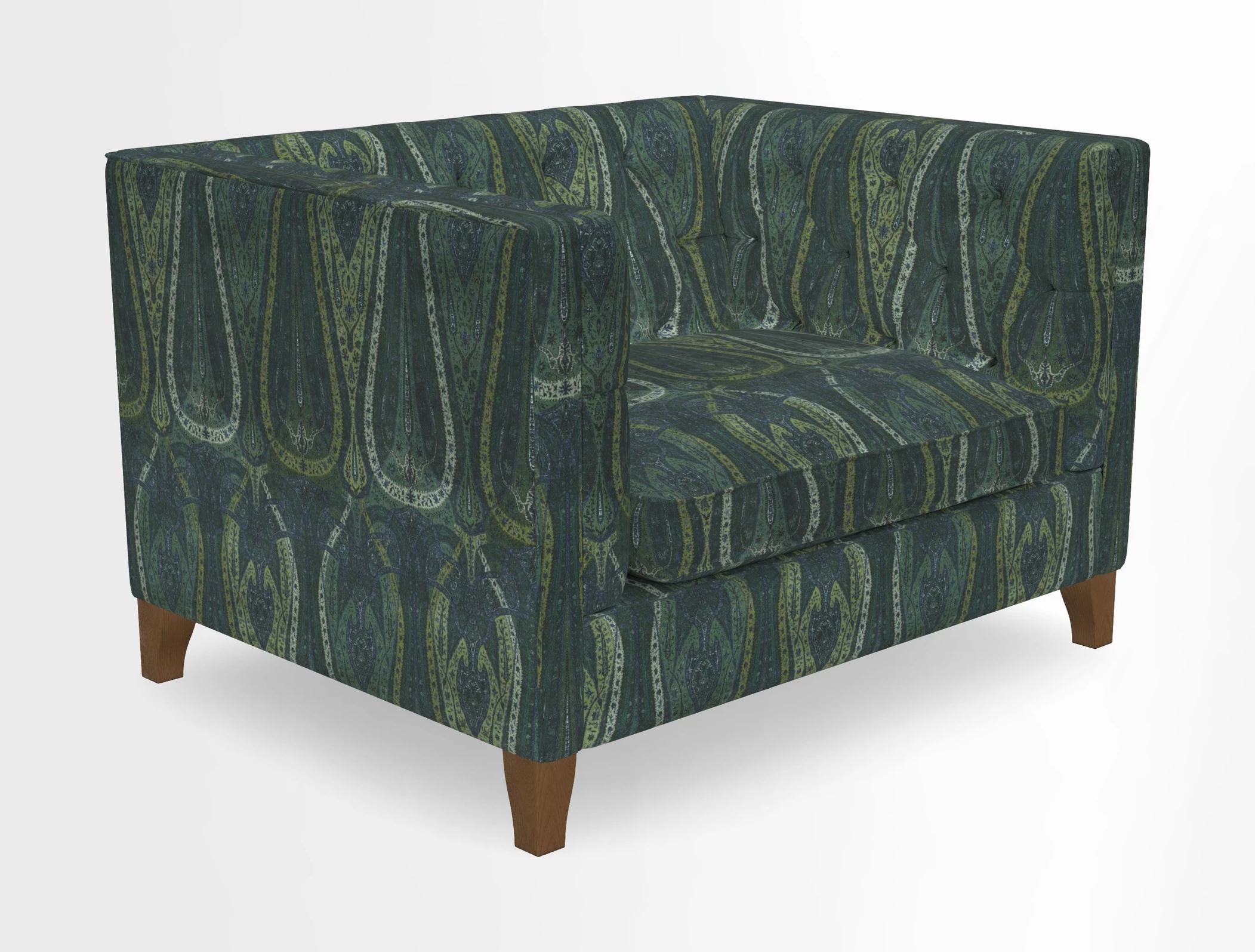 Haresfield Snuggler Dipped Arms in Mohair Lichen Seat Cushion in RHS Gertrude Jekyll Meadow Flower Olive and Scatters in RHS Gertrude Jekyll Folklore Olive