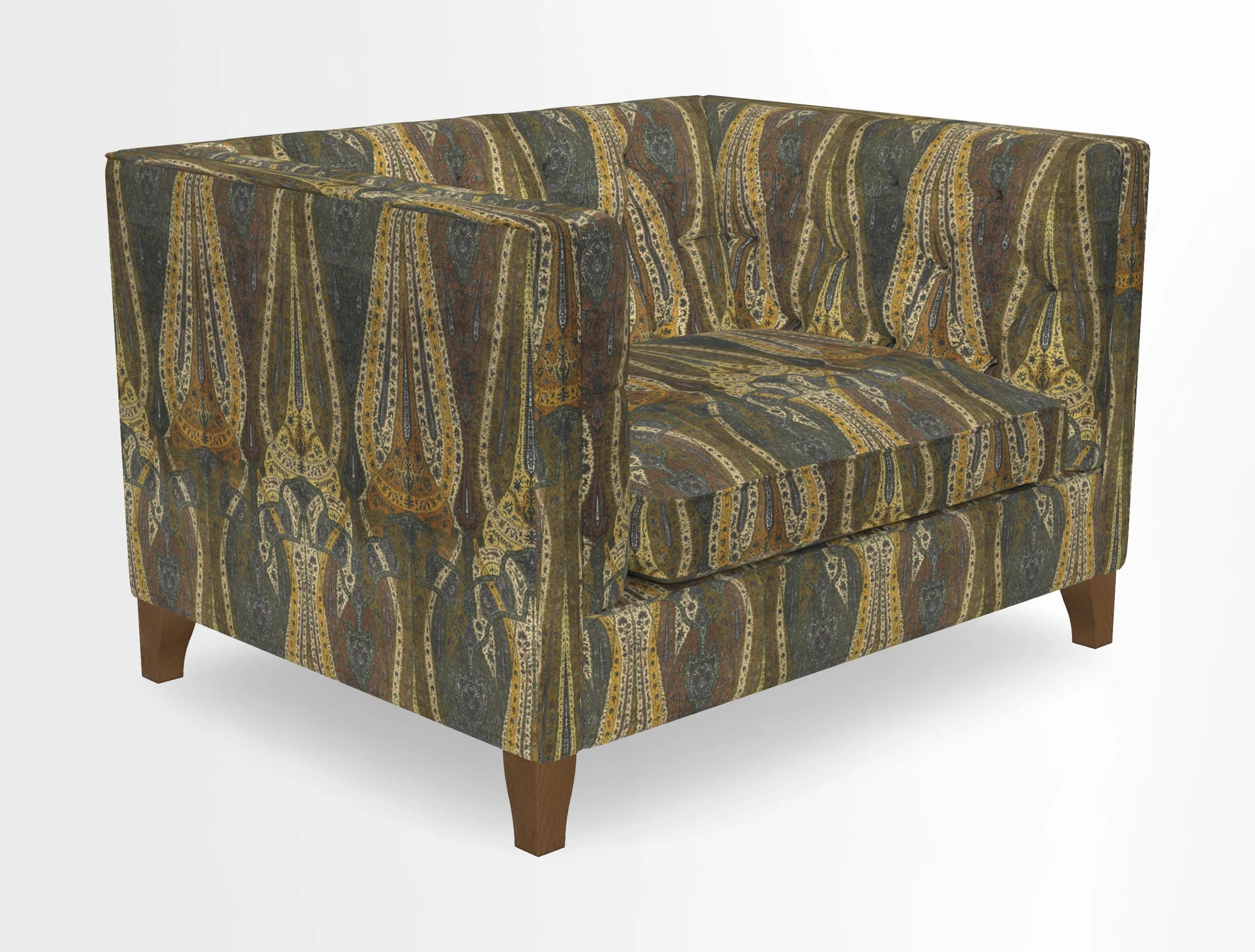 Haresfield Snuggler Dipped Arms in Mohair Lichen Seat Cushion in RHS Gertrude Jekyll Meadow Flower Olive and Scatters in RHS Gertrude Jekyll Folklore Olive