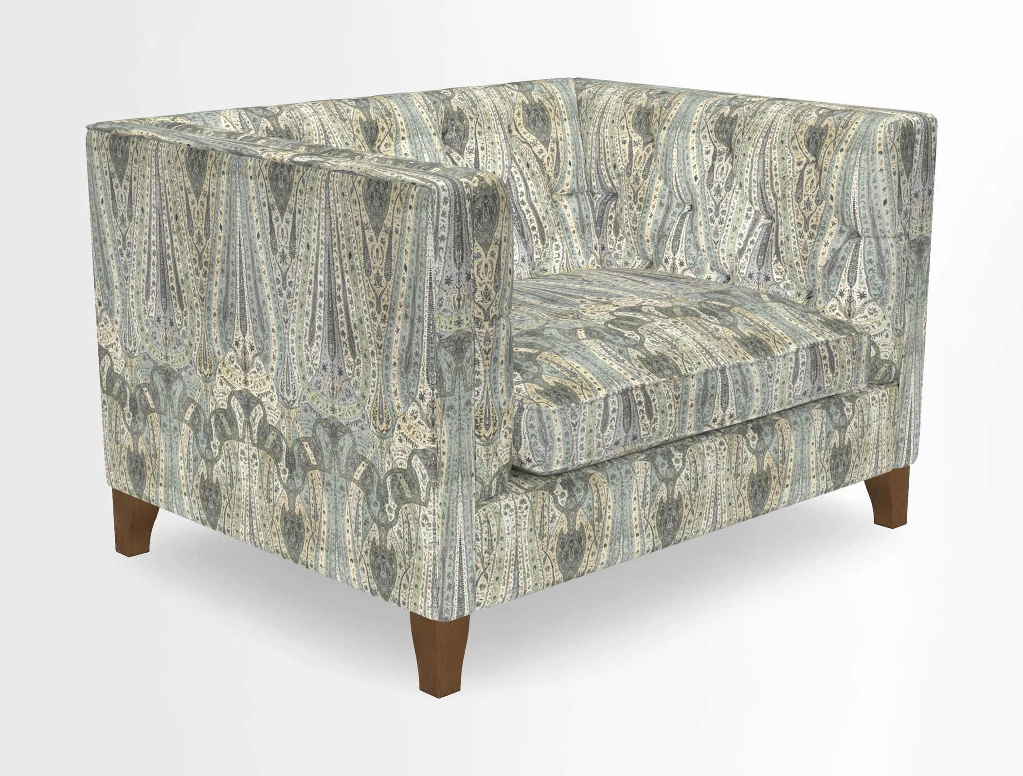 Haresfield Snuggler Dipped Arms in Mohair Lichen Seat Cushion in RHS Gertrude Jekyll Meadow Flower Olive and Scatters in RHS Gertrude Jekyll Folklore Olive
