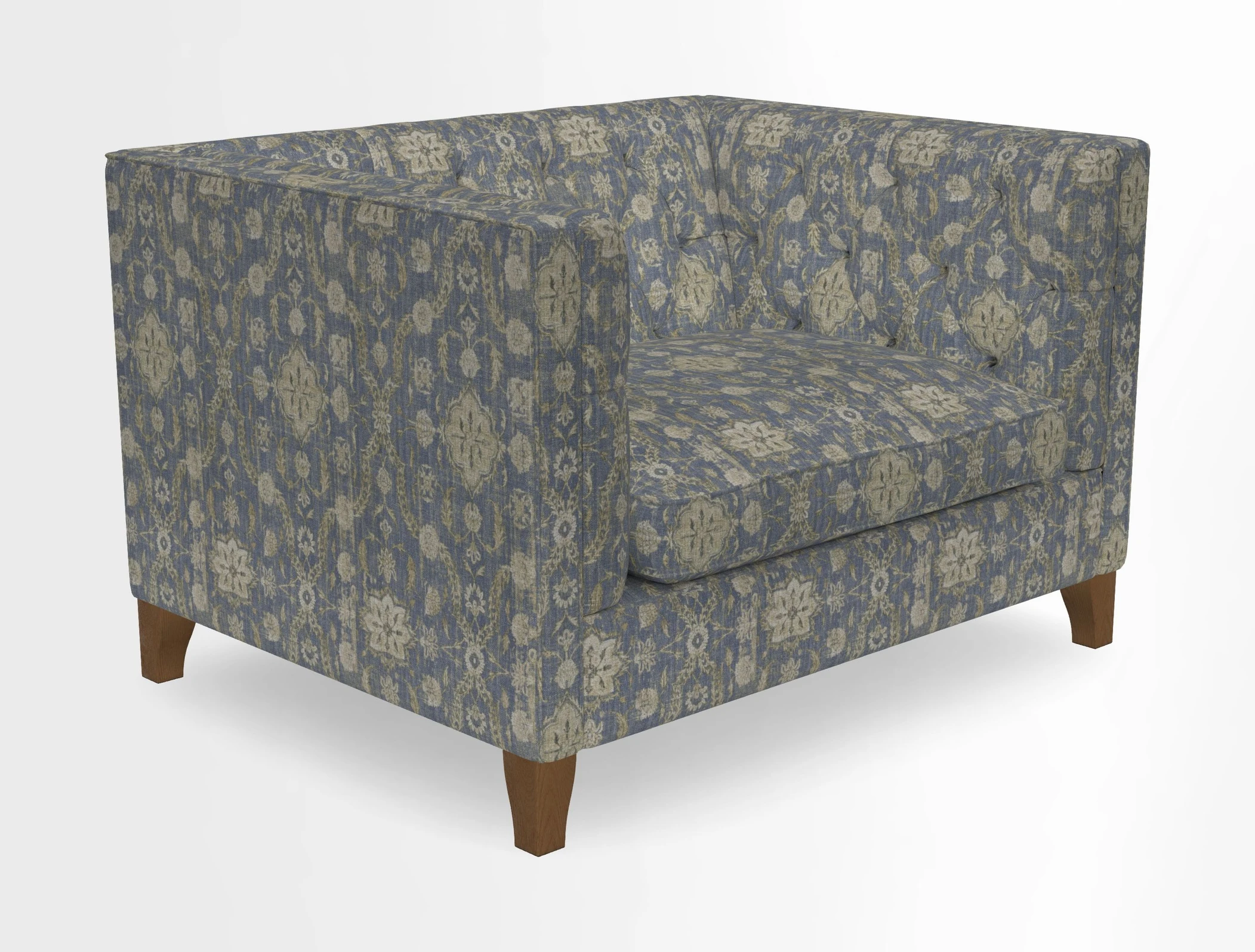 Haresfield Snuggler Dipped Arms in Mohair Lichen Seat Cushion in RHS Gertrude Jekyll Meadow Flower Olive and Scatters in RHS Gertrude Jekyll Folklore Olive