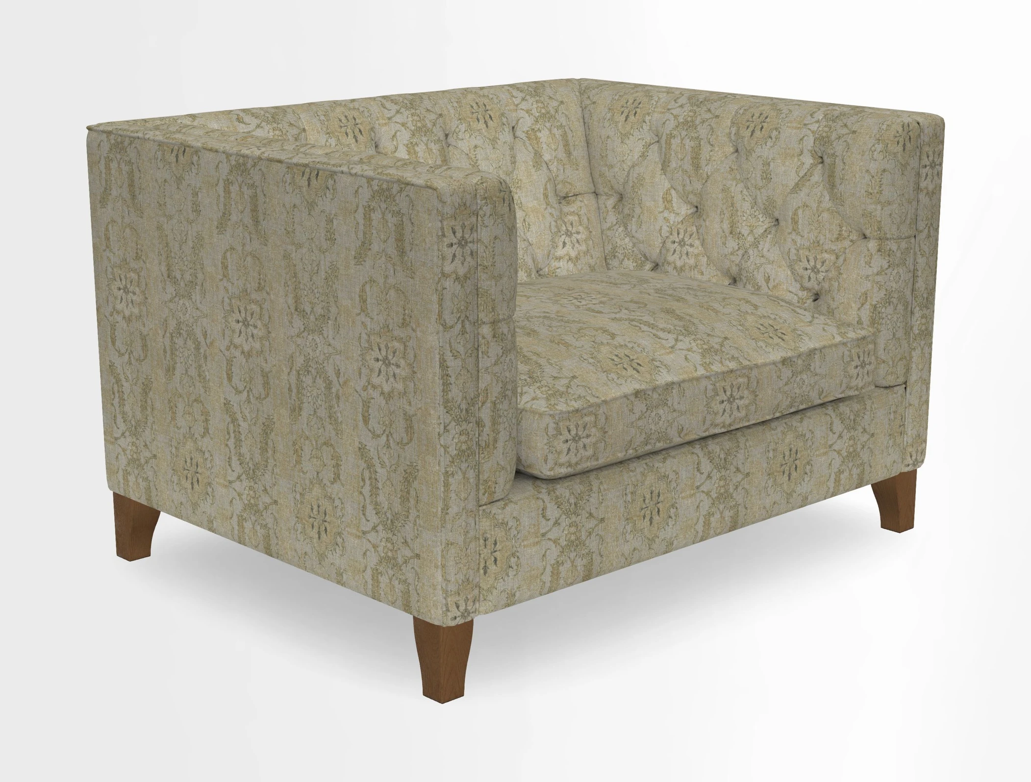 Haresfield Snuggler Dipped Arms in Mohair Lichen Seat Cushion in RHS Gertrude Jekyll Meadow Flower Olive and Scatters in RHS Gertrude Jekyll Folklore Olive